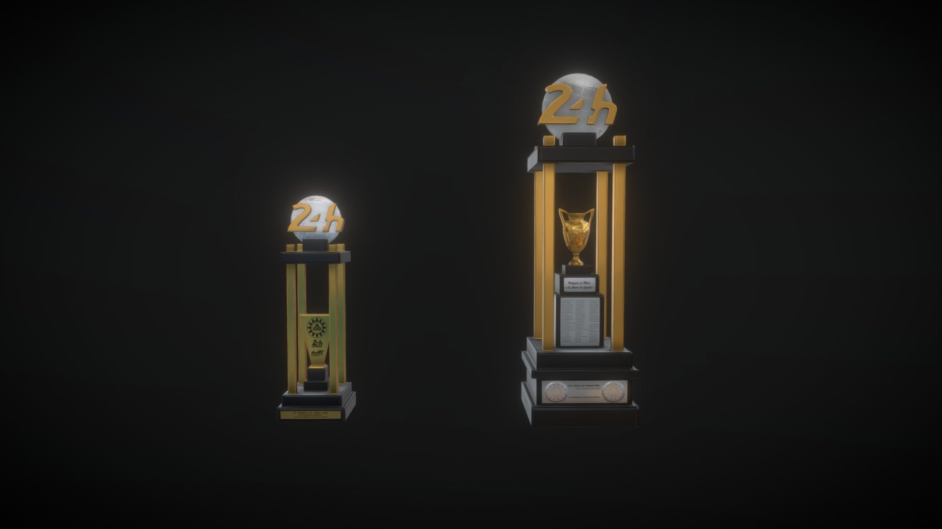 Trophies awarded to the winners of the of the 24hrs of Le Mans (Overall Race Winner Trophy, Class Winner Trophy). Both Models come with PBR textures in .blend, .obj, .fbx and watertight .stl files for 3D printing 3d model