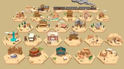 Low Poly Wild West Set train, landscape, indian, west, wild, cowboy, western, american, texas, town, cityscape, wildwest, cartoon, city, stylized, building, interior, modular, environment, exteriors