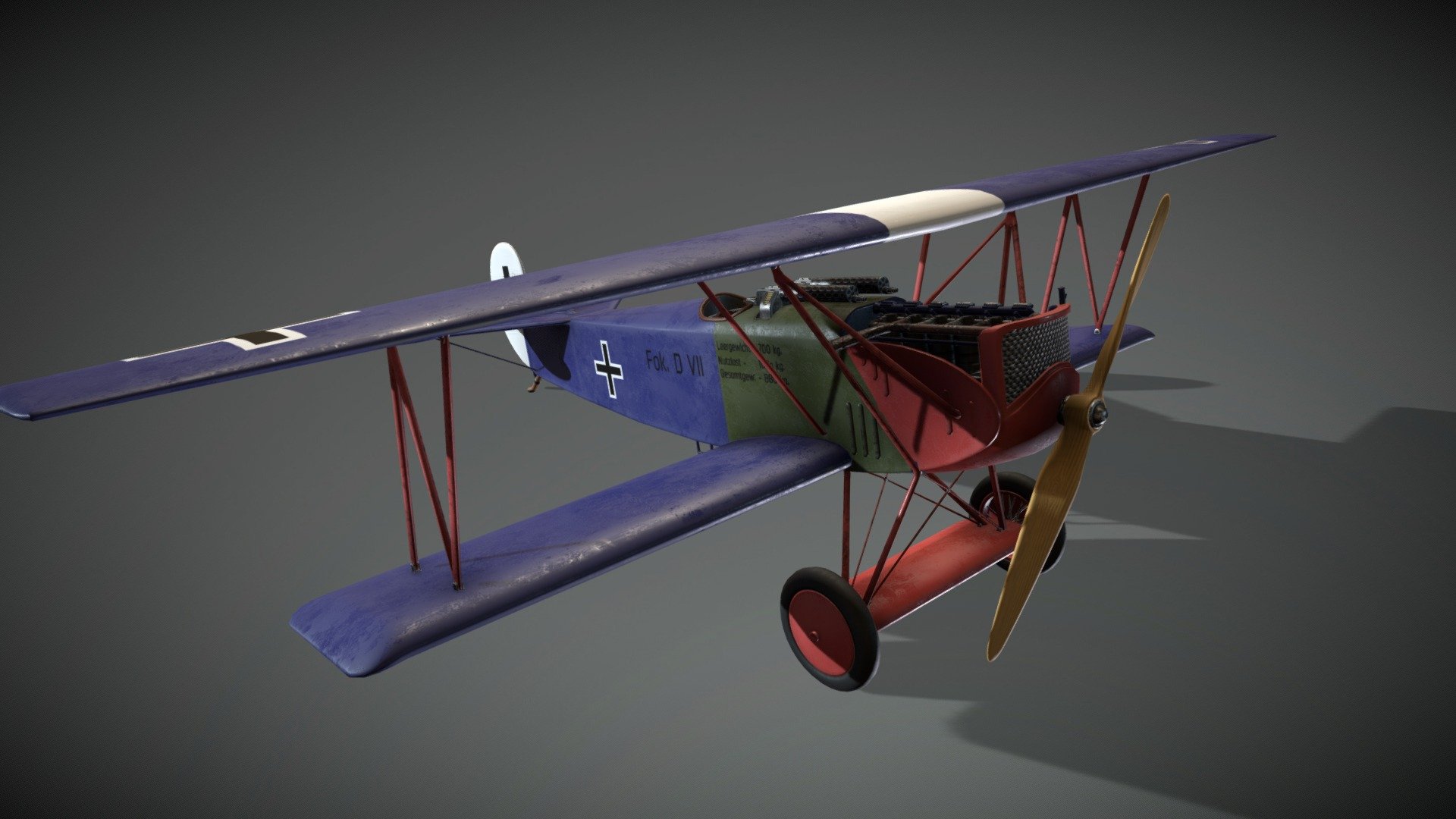 3D Model for Escape Germany (PC-Game)
Fully rigged an animated ingame. 

Flight Example BF109: https://www.youtube.com/watch?v=jb6zUBnfUZE&amp;t=8s

Model + Textures by: David Falke

Rigged + Animations by: Spaehling

Website: https://www.grip420.com/

Discord: Follow us on Discord

Facebook Follow us on Facebook

Game  Escape Germany - Escape Germany - Fokker D VII - 3D model by GRIP420 3d model