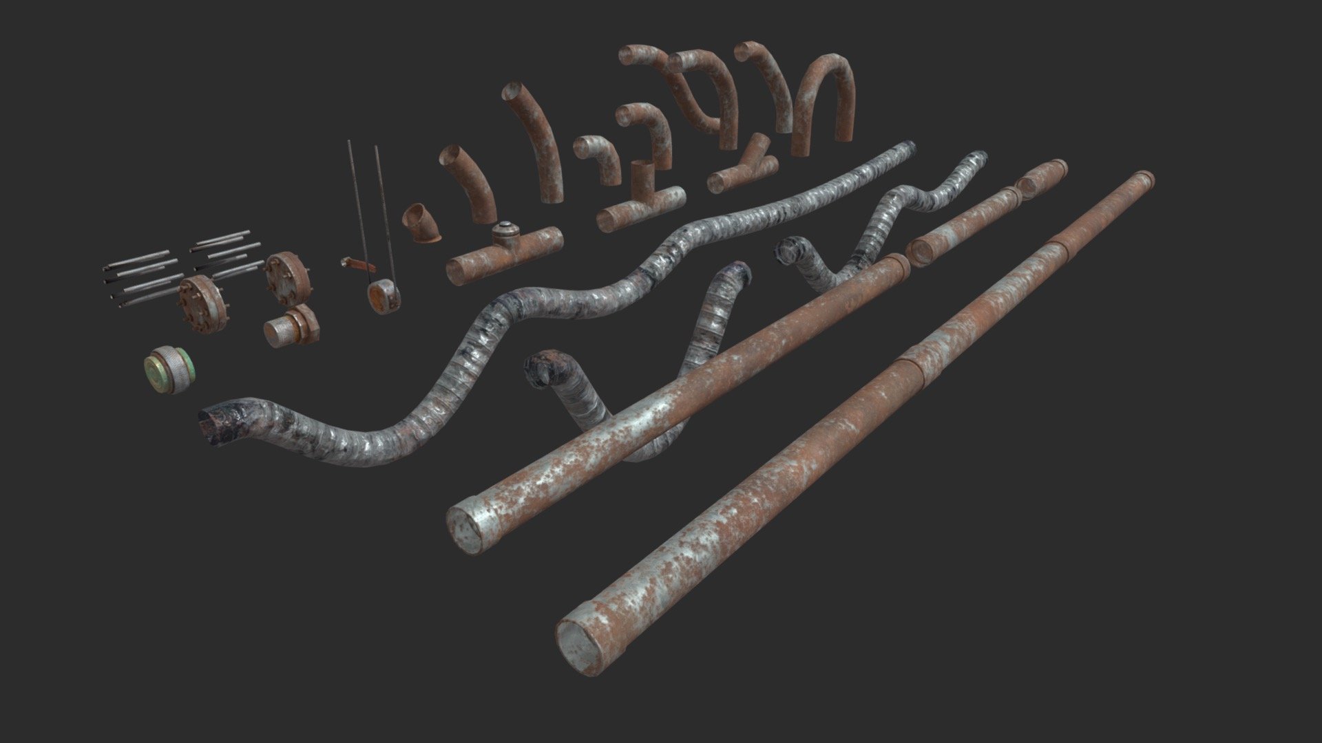 This modular pipes asset pack including 27 individual set Ø10 pipes with 4 LODs and colliders to get a good optimization. All elements can easily be positioned together by moving in 10cm increments. Also, this pack includes 37 pre-assembled sets to allow you to speed up your assemblies. 



INDIVIDUAL SETS INCLUDE :




4 elbow 90°

3 elbow 45°

1 U pipe

1 S pipe

2 T pipes

1 Y pipe

4 straight pipes

3 flexible pipes

2 screw joints

1 mounting bracket

1 handle valve

2 end of pipes

2 threaded rod sets

SPECIFICATIONS




Objects : 64

Polygons : 4975

GAME SPECS




LODs : Yes (inside FBX for Unity &amp; Unreal)

Numbers of LODs : 4

Collider : Yes

Lightmap UV : No

EXPORTED FORMATS




FBX

Collada

OBJ

TEXTURES




Materials in scene : 1

Textures sizes : 4K

Textures types : Base Color, Metallic, Roughness, Normal (DirectX &amp; OpenGL), Heigh &amp; AO (also Unity &amp; Unreal workflow maps)

Textures format : TGA &amp; PNG
 - Modular Pipes - Rusted - Buy Royalty Free 3D model by KangaroOz 3D (@KangaroOz-3D) 3d model