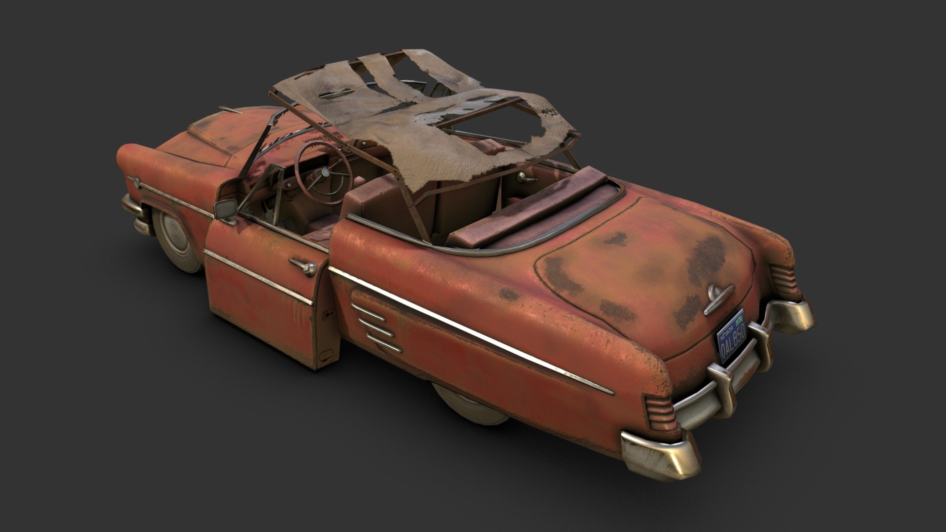 A car model for a mod project. Sitting out in the desert sun has left the paint faded, and the top tattered.

Made with 3DSMax and Substance Painter - Abandoned Convertible - 3D model by Renafox (@kryik1023) 3d model