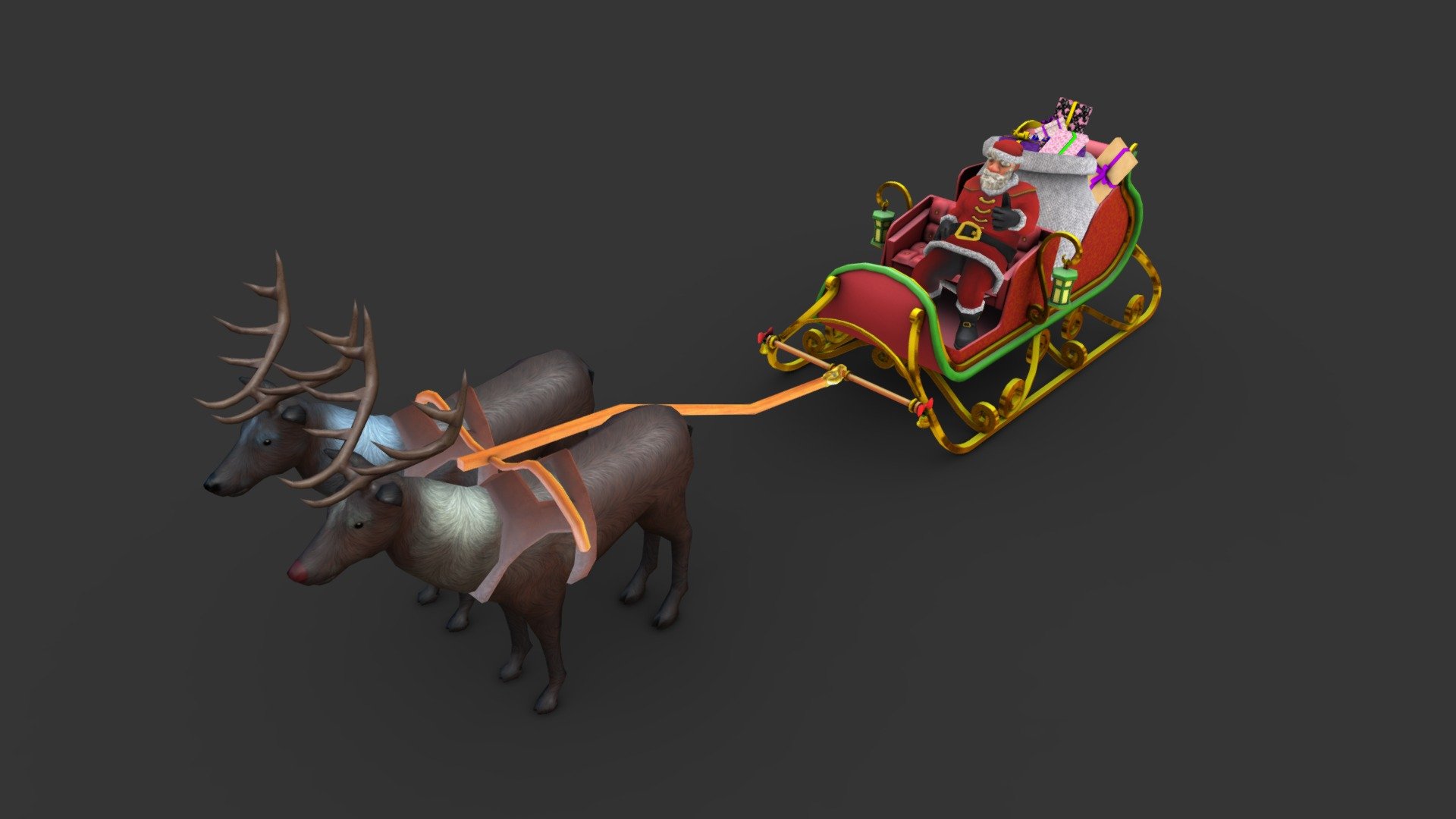 3D model in fbx format

6x 2048 textures for santa, sleigh, gifts, equipment, 2xreindeers

8 santa poses + tpose

reindeers also rigged

Rigged with mixamo and corrected by hand

Comes with blend file with RIG - Character Santa sleigh reindeers Lowpoly rigged - Buy Royalty Free 3D model by mahrcheen 3d model