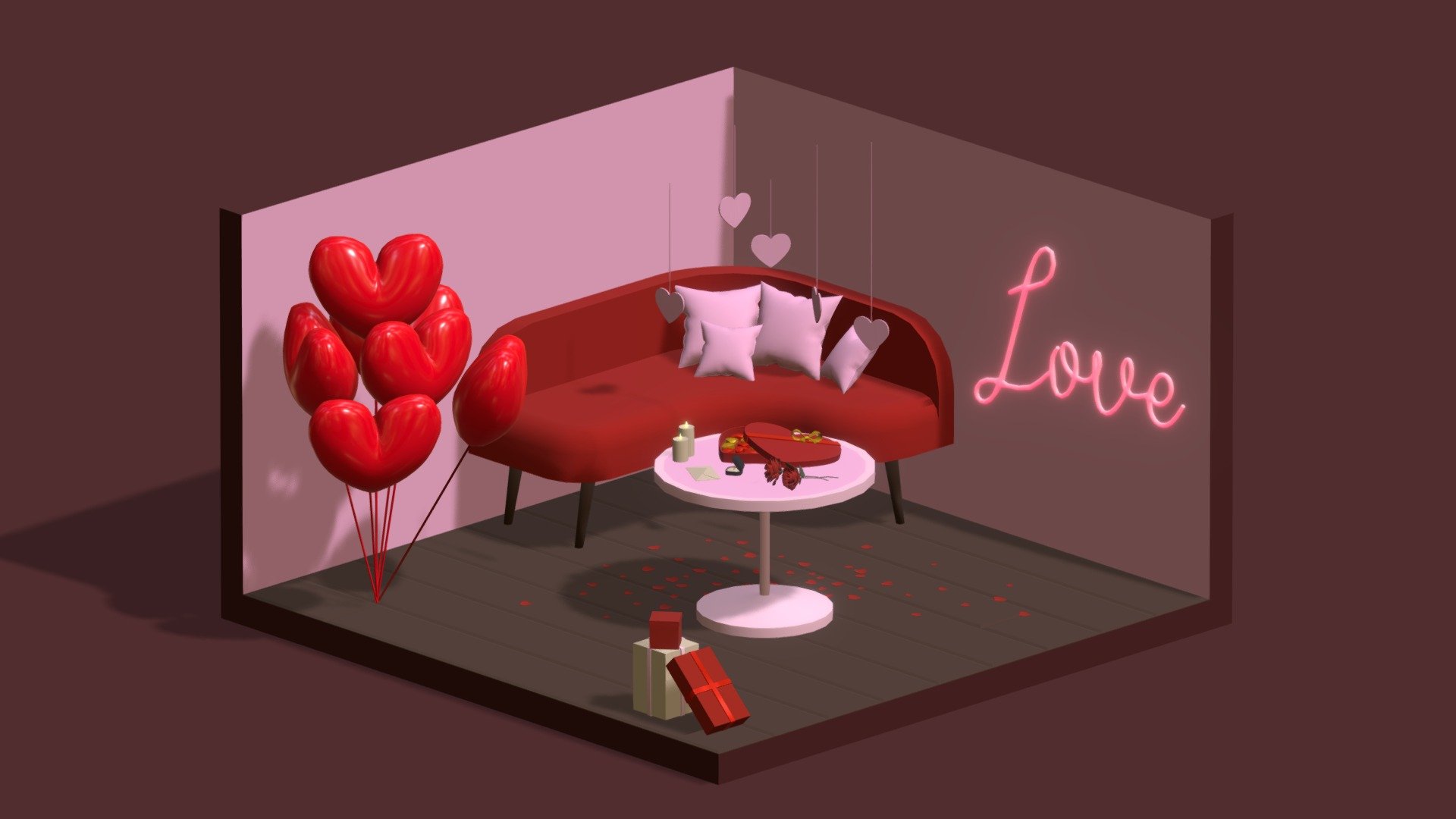 Hi everyone !

I am pleased to present to you this lovely special Valentine's Day scene that will blend in with any decor of this style ! You can integrate this mini scene in all your games or animations and create a unique decor of which only you have the secret ! This pack contains:

Sofa
Cushions
Table
Roses
Chocolate box
Ring
Letter
Candles
Neon Love
Gifts
Heart balloons
Hanging hearts In fact, everything you see in the images above.
Let your imagination, your passion and your love take you ! Enjoy ! - Valentine's day - Buy Royalty Free 3D model by ApprenticeRaccoon 3d model