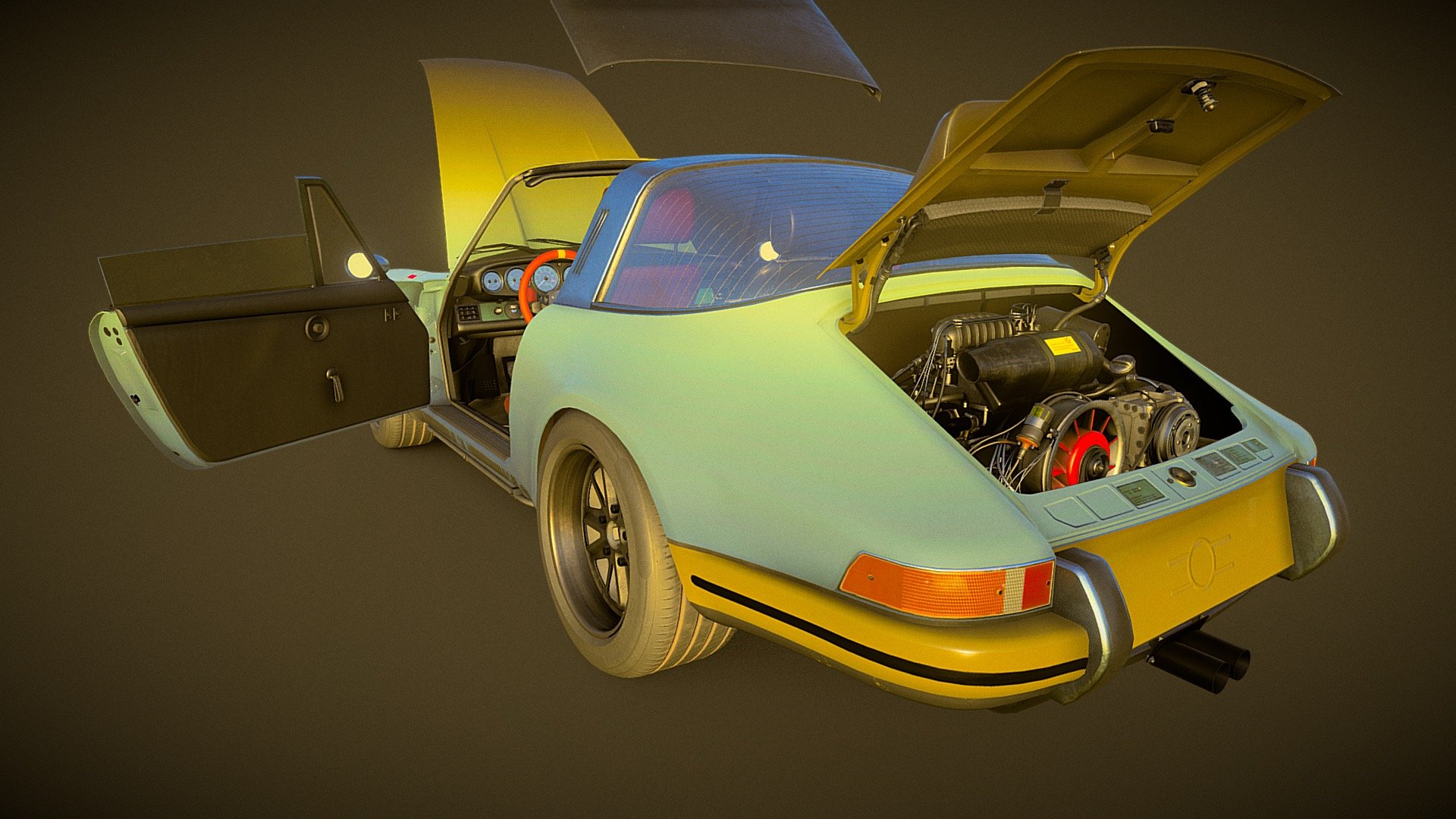 A backdate (outlaw) model of a 911 (1979) Targa ST. It's a custom version based on existing outlaw models.
The model is complete, unwapped and textured. I didn't bake the textures so you can make adjustments and bake it yourself - it contains quite a lot of separate texture sets. 
The animation is just to demo the inside.

The model contains all the details you can see in this base model: 911SC - Porsche 911 Backdate Targa - Buy Royalty Free 3D model by PROKOP (@davidgulla) 3d model