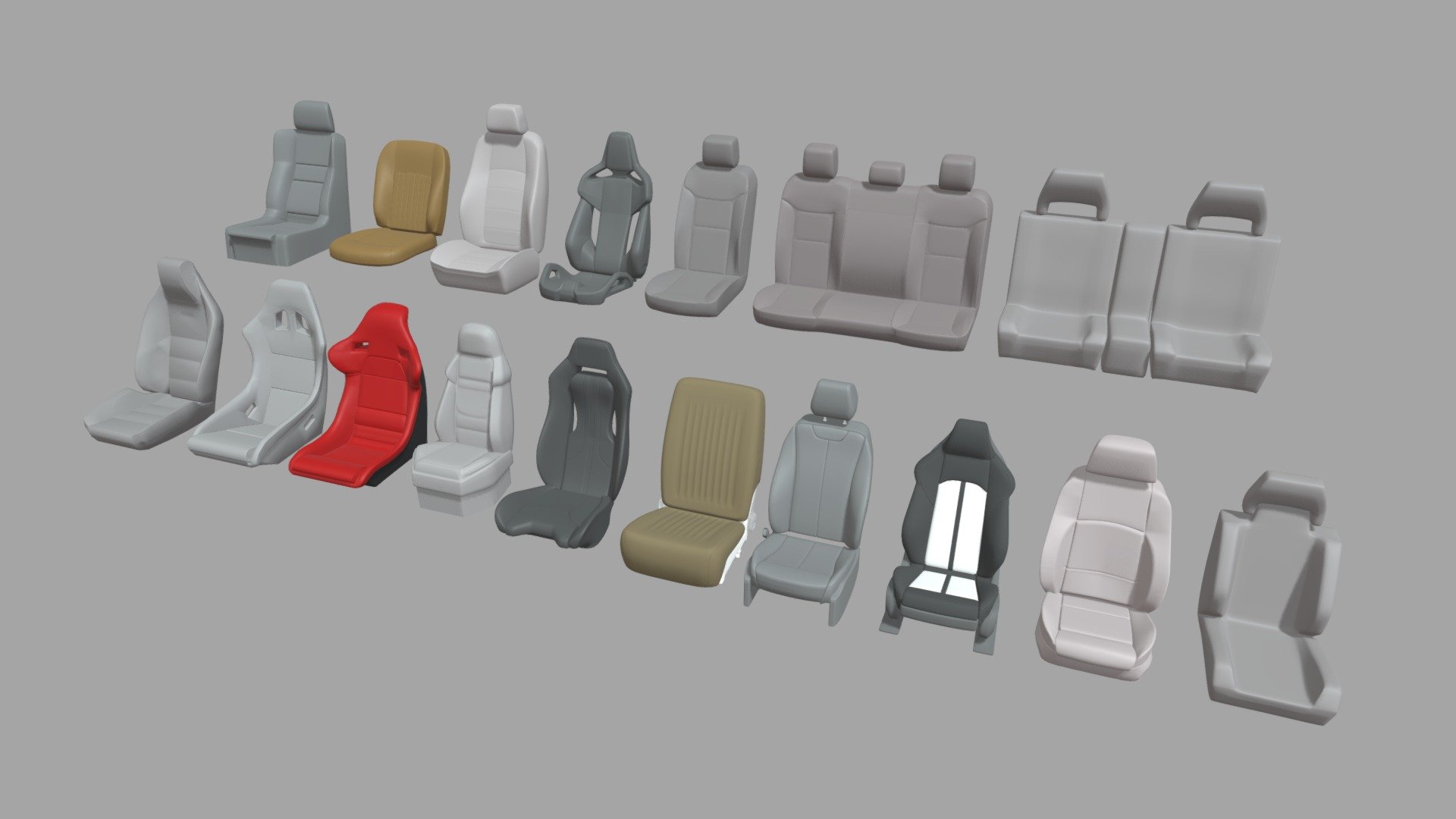 This model contains a Mega Car Seat Pack based on a real stylized car seat from a real italian and german sport car which i modeled in Maya 2018 and is available for selling as a full car containing interior and just exterior. This model is perfect to create a new great scene with different car pieces or part of a car model.

This model is one of a great collection of car parts and car seats that are modeled and separated in 3 different packs and every different car seat ready on my profile. Some of this seats are ready for printing and others not. Any doubt you have contact me. You will find each car seat available on my profile.

If you need any kind of help contact me, i will help you with everything i can. If you like the model please give me some feedback, I would appreciate it.

Don’t doubt on contacting me, i would be very happy to help. If you experience any kind of difficulties, be sure to contact me and i will help you. Sincerely Yours, ViperJr3D - Mega Car Seat Pack - Buy Royalty Free 3D model by ViperJr3D 3d model
