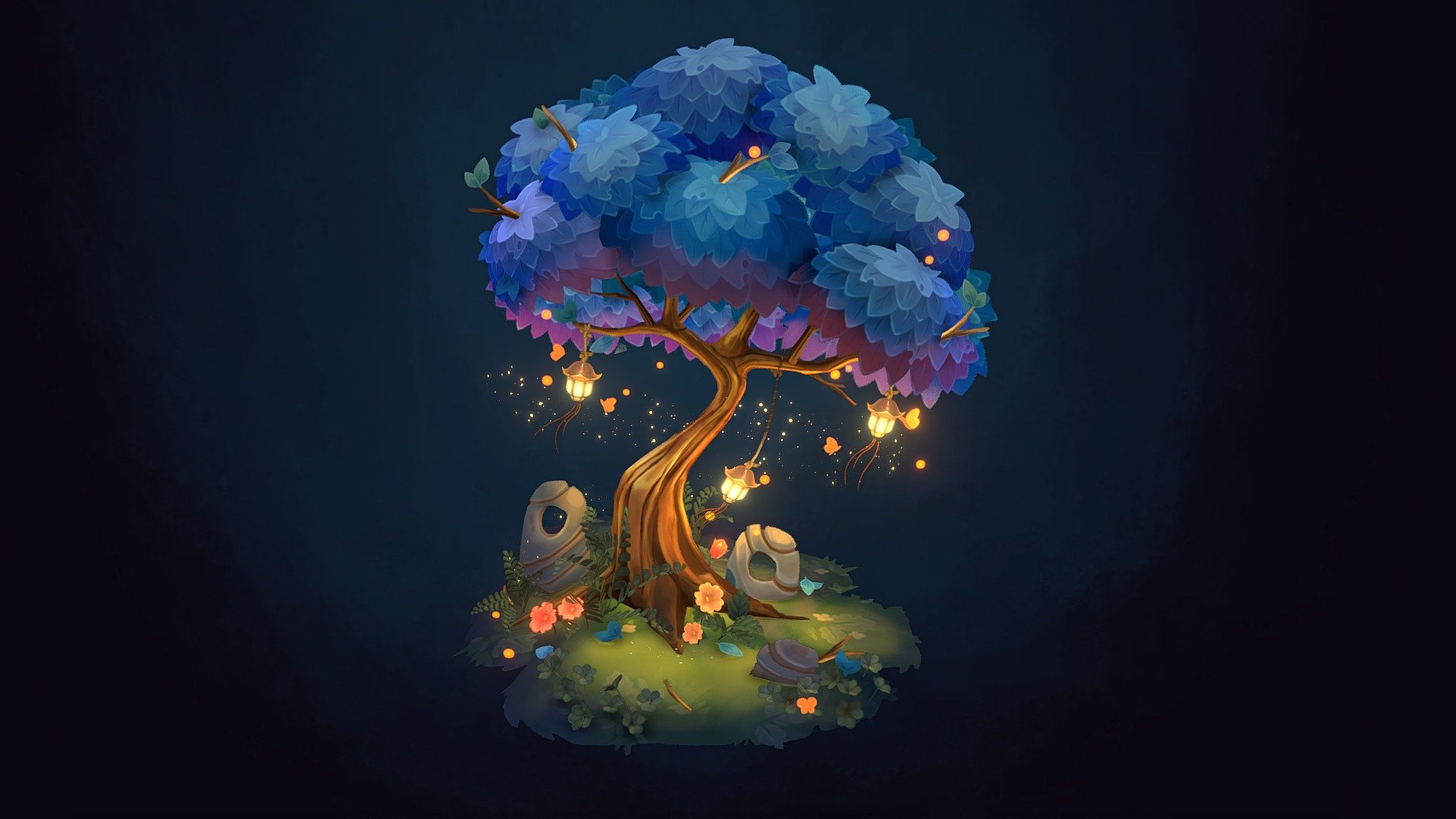 This is my project for the second week of the CGMA Stylized Game Assets course.

I chose to create a 2.5D stylized scene of a piece of magical nature during nighttime.
This was really fun, especially the little plants and flowers on the ground 3d model