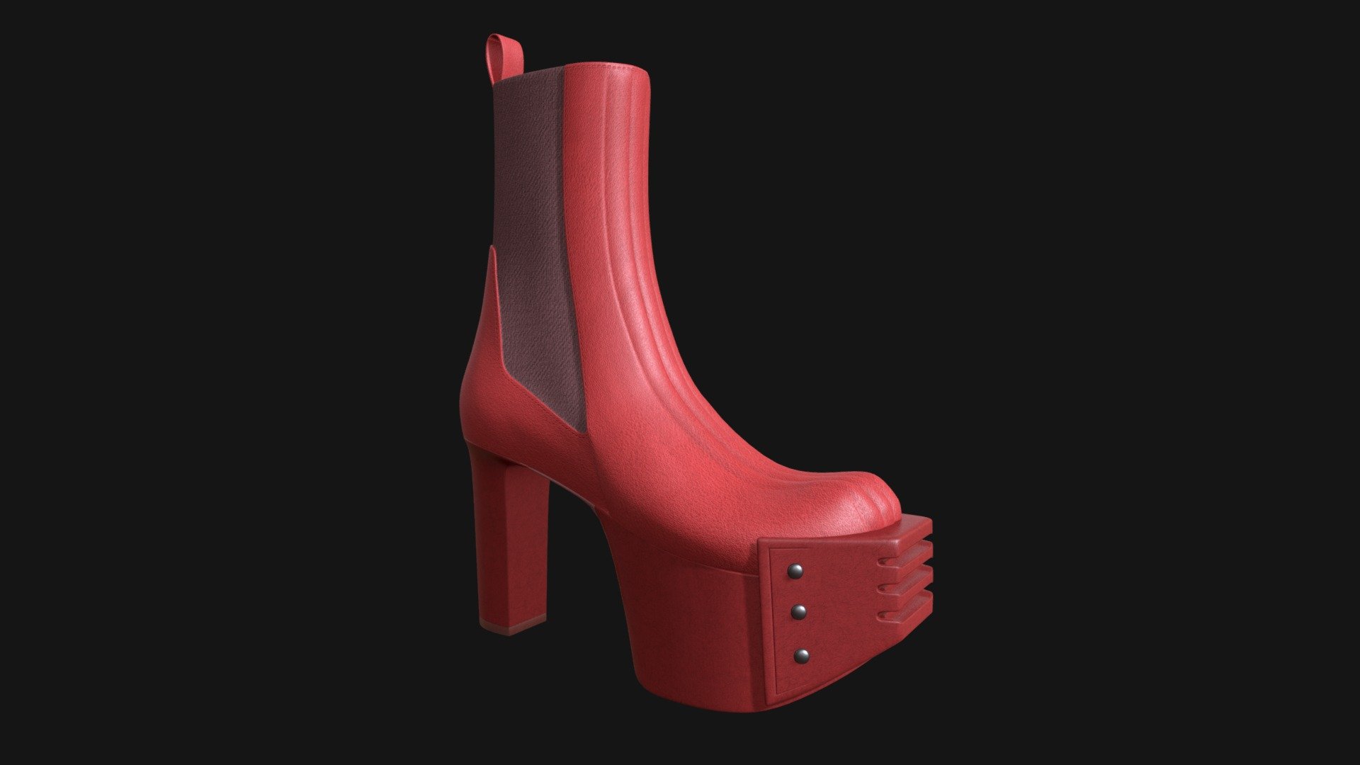 This is a lowpoly model. Model can be used in games, for characters, interior scenes or something else 
 
Quantity of polygons is indicated for one shoe! 

Total polygons 28800. Total vertices 29300 
 
All textures are baked. Modeled after a real mannequin leg. 
 
Including these maps: 
 
UV 
 
Base color 
 
Ambient occlusion 
 
Specular

Normal

All textures are in PNG 48bit – 4096х4096. 
 
Created in 3ds Max(2023) 
 
Including 3ds Max(2018), Blender (3.6.5), Maya(2022), Fbx (2014-2015), Obj format, and all standart textures
 - Heels Rick Owens Grilled Platform Red - Buy Royalty Free 3D model by YanaDesVal 3d model