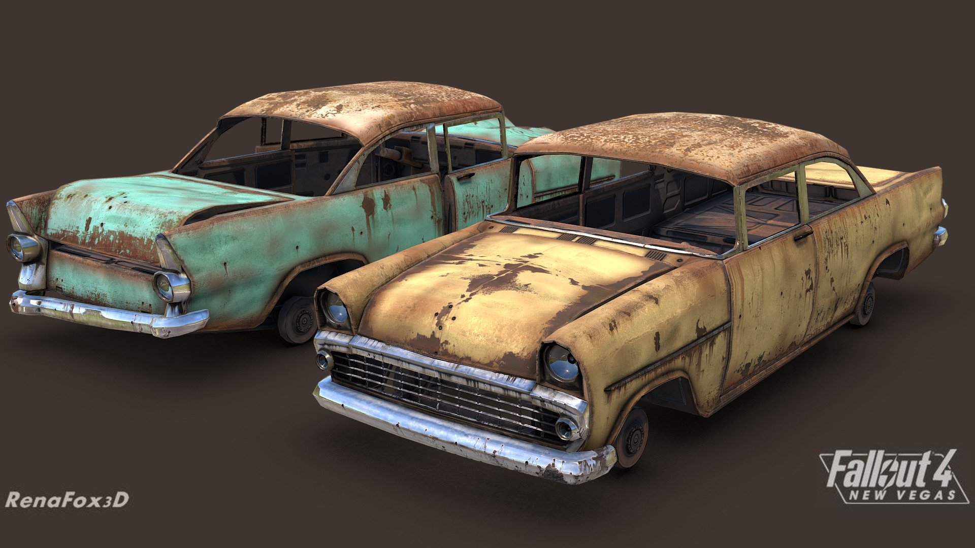 A modular car/coupe model for the Fallout 4: New Vegas project, we plan on replacing most of the vanilla Fallout 4 vehicles with custom ones that better match New Vegas’ art direction.

Made in 3DSMax and Substance Painter 3d model