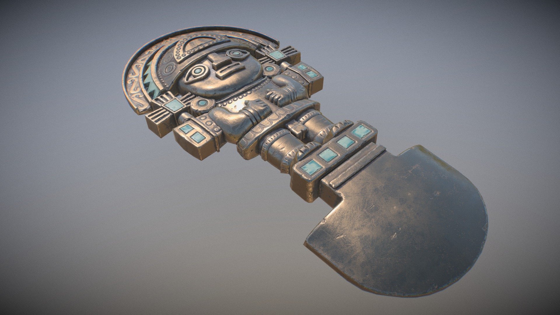 Peruvian Inti knife

A little project that I've been putting together in my spare time. 
Tumi means knife in Quechua and is one of the most famous pre-Colombian art, its a type of knife, a Peruvian sacrificial ceremonial axe used by ancient Peru and according to most the evidence represents god. 
Modeled in Maya and Zbrush, textured in substance painter 3d model