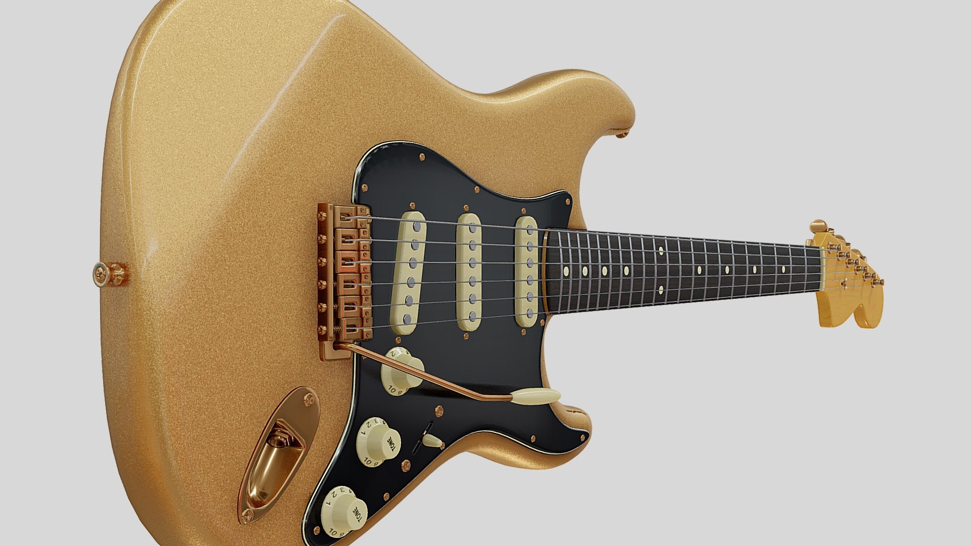 Strat electric guitar 3d model in gold flakes color
 with gold furniture, rosewood fretboard and black pickguard - Generic Strat Electric Guitar Gold - Buy Royalty Free 3D model by Eugene Korolev (@eugene.korolev) 3d model