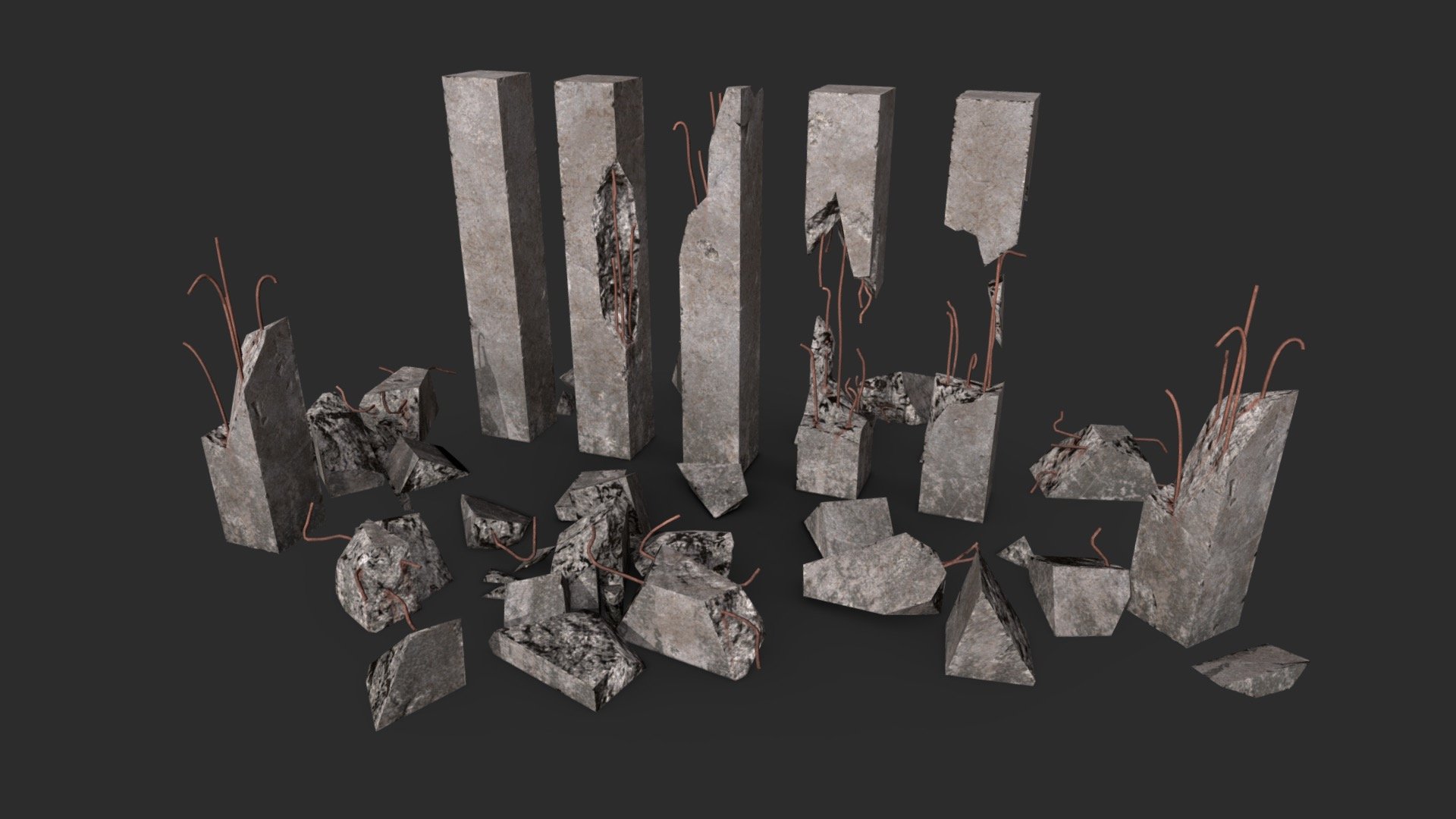 This old concrete pillars pack including 11 individual objects with 3 or 2 LODs each and colliders. All elements are in realistic style and can be assembled to be used in any game (post-apo, first person shooter, construction… ). All objects share a total of 2 materials for the best optimization for games.

This AAA game asset of concrete pillars will embellish you scene and add more details which can help the gameplay and the game-design.

The material of models is unique and ready for PBR.

Low-poly model &amp; Blender native 2.93

SPECIFICATIONS

Objects : 11
Polygons : 4695
Subdivision ready : No
Render engine : Eevee (Cycles ready)

GAME SPECS

LODs : Yes (inside FBX for Unity &amp; Unreal)
Numbers of LODs : 3 or 2
Collider : Yes
Lightmap UV : No

EXPORTED FORMATS

FBX
Collada
OBJ

TEXTURES

Materials in scene : 2
Textures sizes : 4K
Textures types : Base Color, Metallic, Roughness, Normal (DirectX &amp; OpenGL), Heigh &amp; AO (also Unity &amp; Unreal workflow maps)
Textures format : PNG - Broken Concrete Pillars Pack - Buy Royalty Free 3D model by KangaroOz 3D (@KangaroOz-3D) 3d model