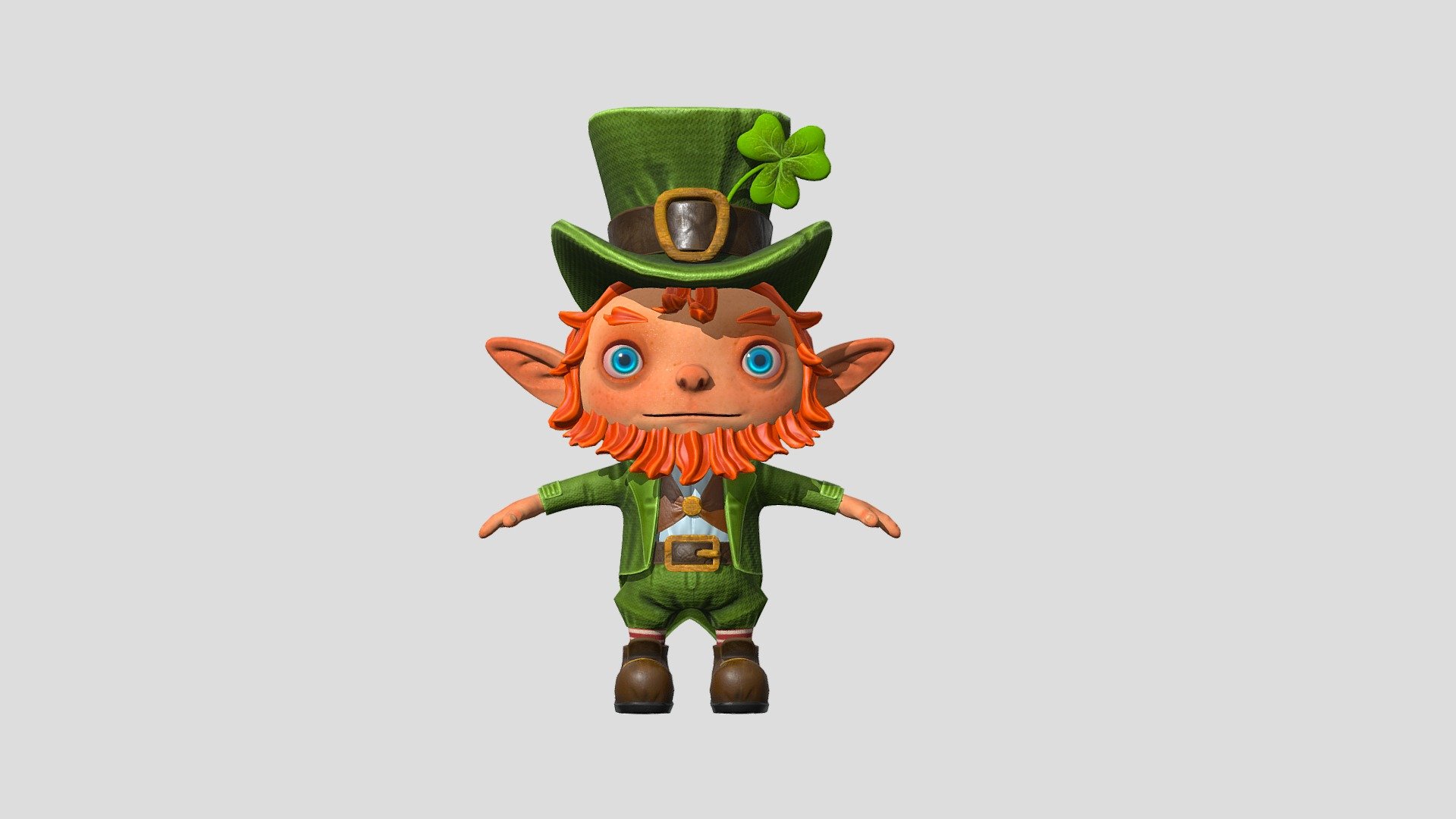 Leprechaun 3D model. Finished game lowpoly model with PBR Textures.
You can remove the character's coat and clover, and you get a guy in a white shirt and waistcoat

This cute character wants to be the star of your project!

Two formats are available: FBX, OBJ

PBR Maps: 3 maps x 4096x4096/png Normal Albedo Roughness Metalness Ao

Subdivision: 
Polygons: 13 056 
Triangles: 25 958 
Vertex: 13 932 - Leprechaun lowpoly - 3D model by Saniodesign 3d model