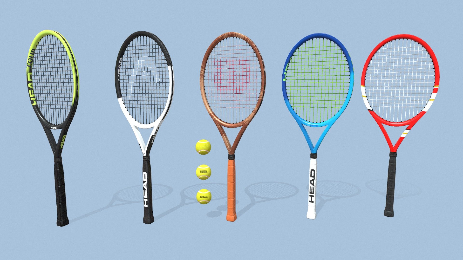 Collection of tennis Rackets and balls
5 different tennis Rackets and 3  balls
colors: black &amp; green 
colors: brown
colors: black &amp; white 
colors: white &amp; blue 
colors: black &amp; red 

Download includes .obj ,.fbx, glb and blend file for each object. 
 Textures: 4K PBR


  
   
    
     
      
       
        
          - Collection of tennis rackets and balls - Buy Royalty Free 3D model by dika3d (@ikad2023) 3d model