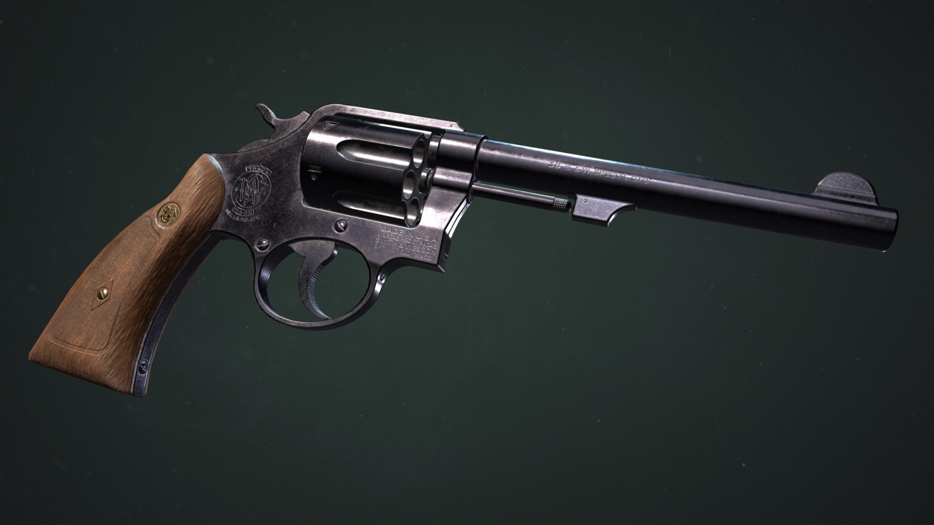 A game ready model of a smith and wesson revolver.

https://www.artstation.com/artwork/gJNbPm - Smith & Wesson Model 10 Revolver - Buy Royalty Free 3D model by Filip Leurs (@filipleurs) 3d model