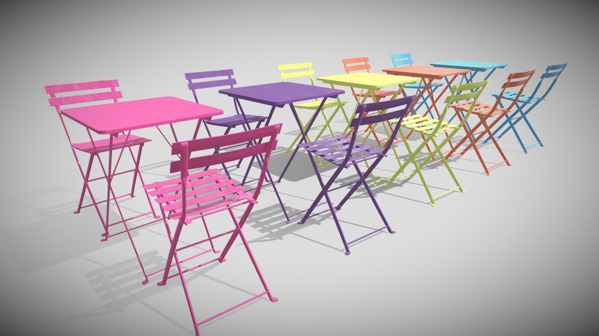 Here it is the Bistro collection of tables and chairs inspired by FERMOB. Do you know that this kind of folding furnitures was created at the end of the 19th century? It seems to be so frenchy but you can find the same on Time Square in NYC! 

In this pack you will have 5 tables and 10 chairs (15 elements) in 5 colors :
- &ldquo;Anise