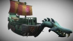 Dragon Ship Hand-Painted toon, painted, ready, watercraft, cartoon, game, vehicle, low, poly, ship, creature, pirate, monster, dragon, hand, sea, horror