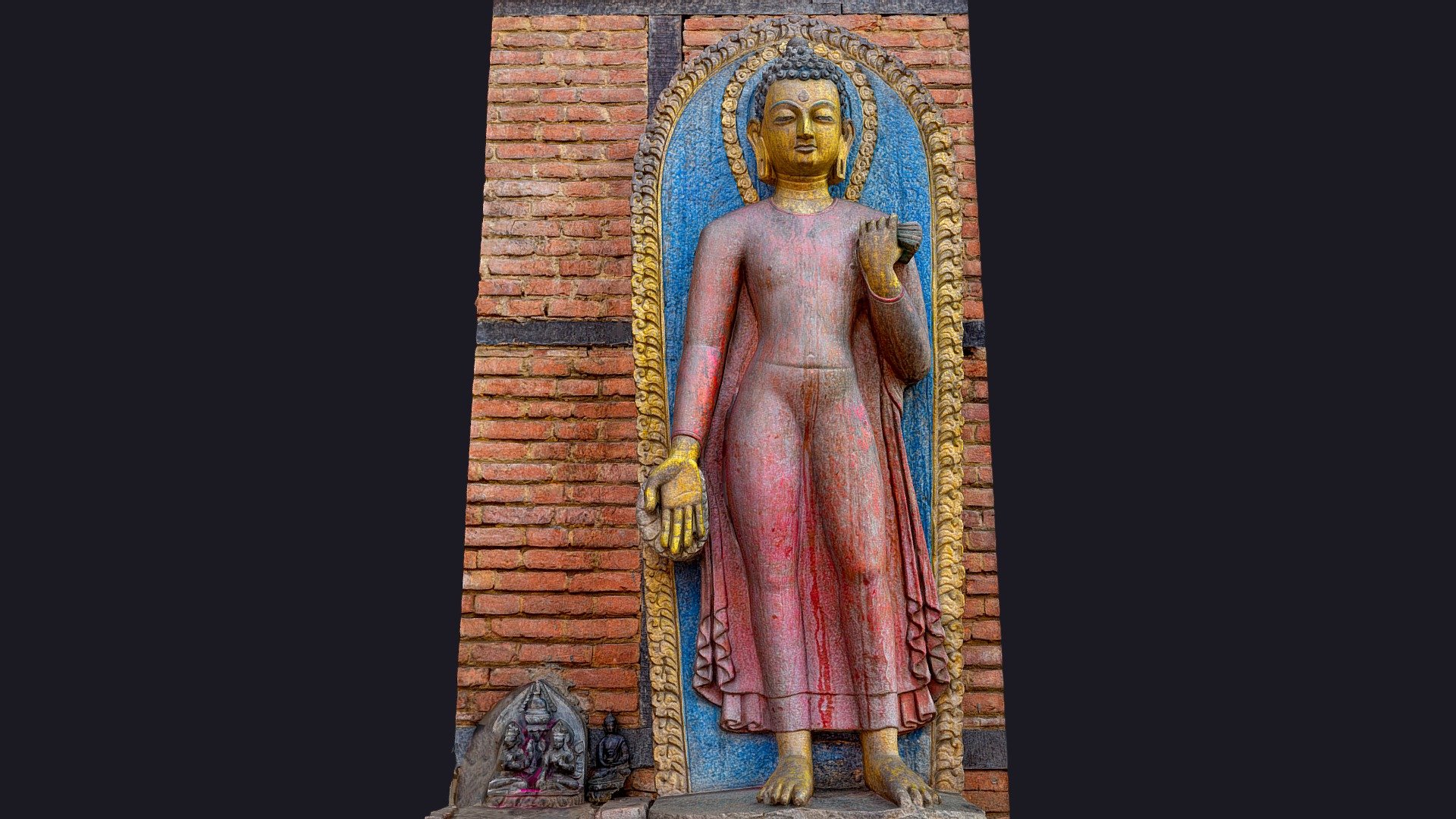 This sculpture of standing Buddha is located at swayambhunath temple in Kathmandu. 

Built in 15th century, placed at the front side of the hill, on the old route to the stupa. The word &ldquo;swayambhu
