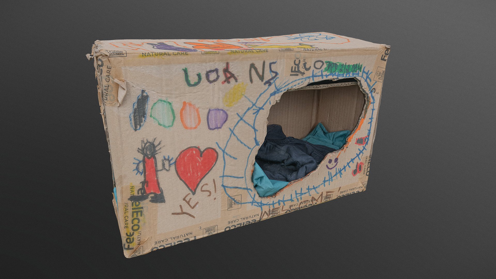 Cat sleeping box house, stay cat cardboard bed made and painted by family children, including colorful funny writings, with some old cloths inside


sketchfabweeklychallenge2023 - Box
photogrammetry scan (120x36MP), 2x8K textures - Cat sleeping box - Buy Royalty Free 3D model by matousekfoto 3d model
