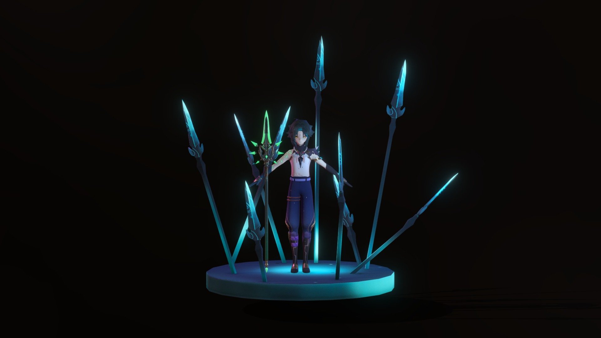 Project developed with @bmaia for a school assignment.

Character, prop and base modelled after the Xiao character and weapon from Genshin Impact 3d model
