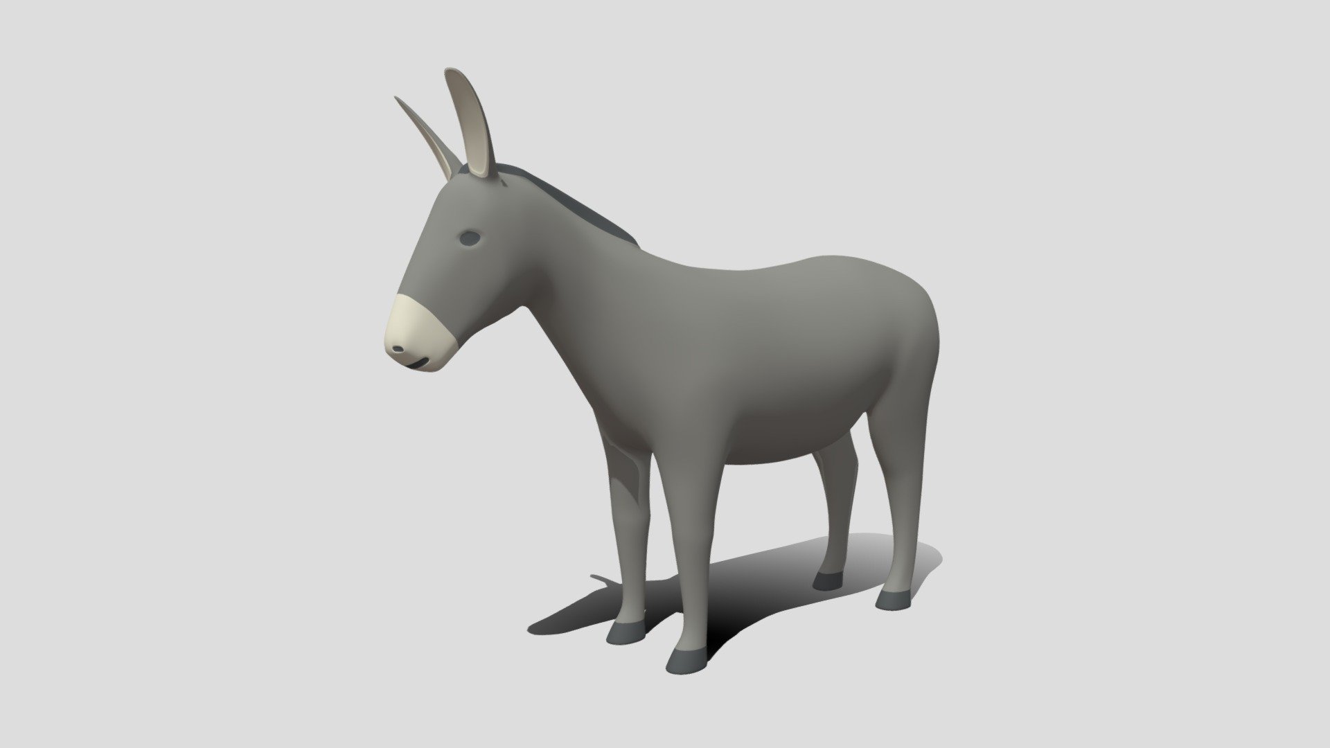 This is a 3d model of a cartoon donkey. The 3D donkey was modeled and prepared for cartoon style renderings, background, general CG visualization etc presented as a mesh with quads only.

Verts : 19.074 Faces: 19.072

The 3d donkey have simple materials with diffuse colors.

No ring, maps and no UVW mapping is available.

The original file was created in blender. You will receive a 3DS, OBJ, FBX, blend, DAE, Stl.

All preview images were rendered with Blender Cycles. Product is ready to render out-of-the-box. Please note that the lights, cameras, and background is only included in the .blend file. The model is clean and alone in the other provided files, centred at origin and has real-world scale 3d model