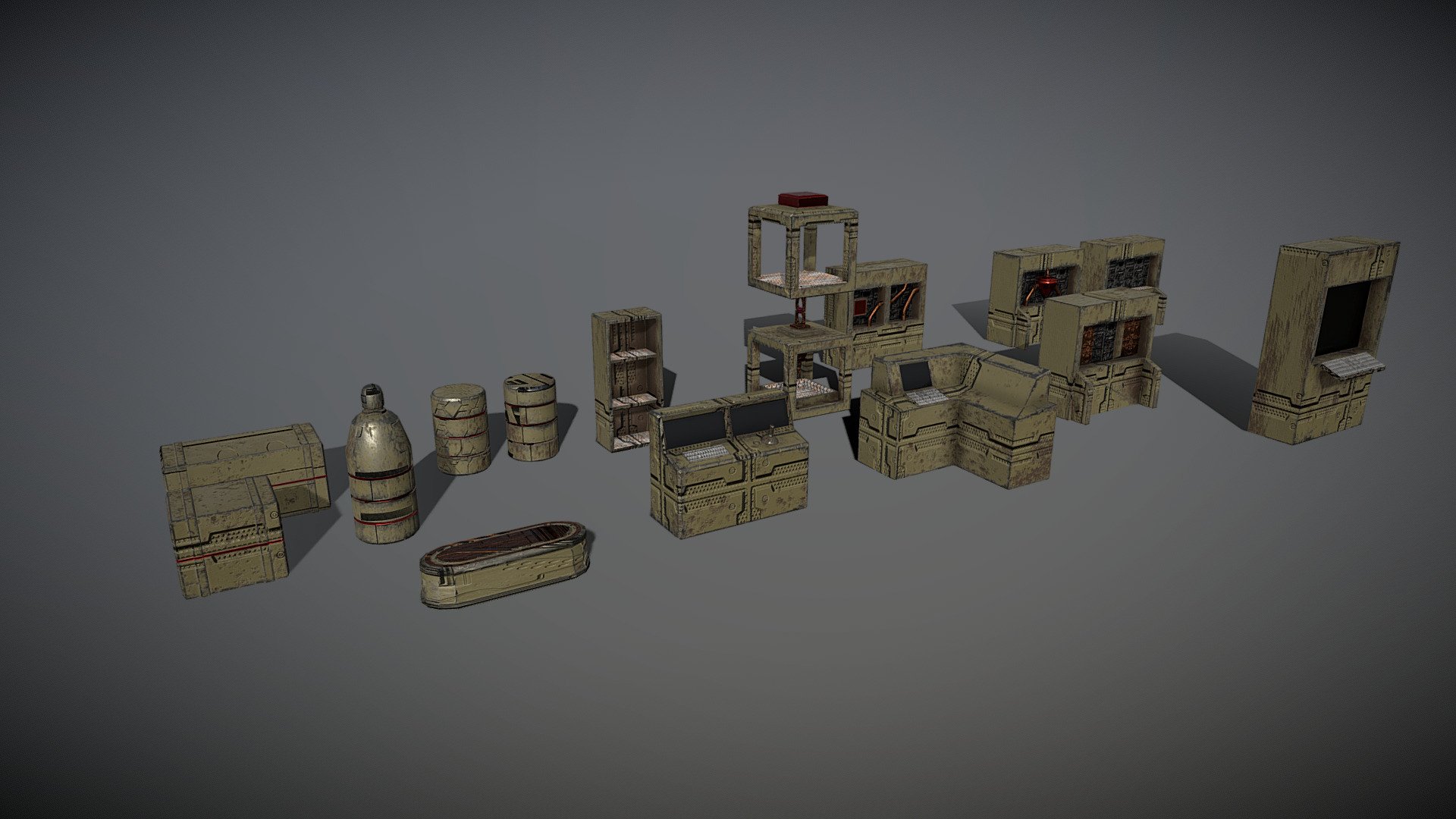 collection of scifi props,
one 4096 material to all meshes, dx normalmap. 3d model