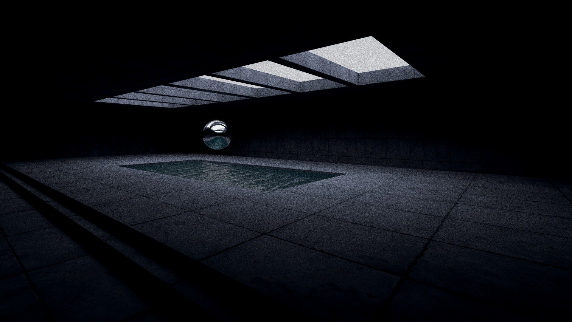 A dark room with a pool in the center, a skylight above it and a reflective sphere in the center. Concrete walls, minimalistic design, baked atmospheric lighting, simple background, hyperrealistic style, - Dark VR Room - Buy Royalty Free 3D model by Janis Zeps (@Zeps3D) 3d model