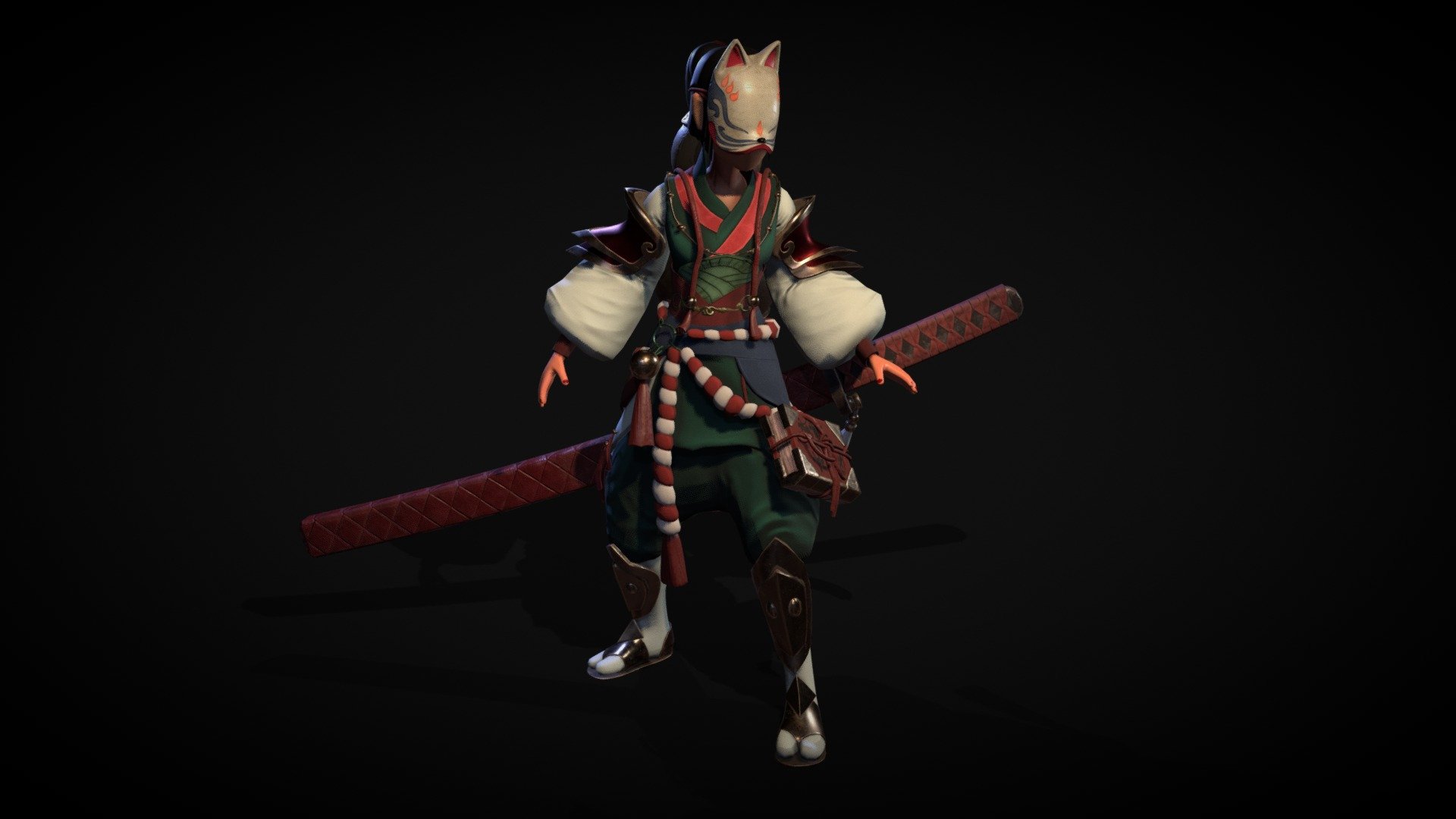 i made this model for Artstation Challenge Feudal Japan: The Shogunate.

Travel the world looking for answers. Who is she? Where she come from? 
She has a long way to go and the dangers ahead force her to take up the sword and not look back. Knowledge in the book of the ancients, the souls behind her shoulders and katana will be faithful companions in her adventure. The whole world in front of her. And she is ready 3d model