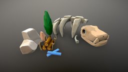 Props for a mini-game project skeleton, cute, rocks, handpainted, cartoon, wood, stylized