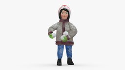001357 girl in red winter hat snowballs hat, red, style, winter, toy, people, clothes, miniature, realistic, movie, character, 3dprint, girl, model, multics