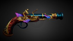 Feathered Killer wings, pistol, feathers, weapon, handpainted, blender, lowpoly, stylized, gun, magic