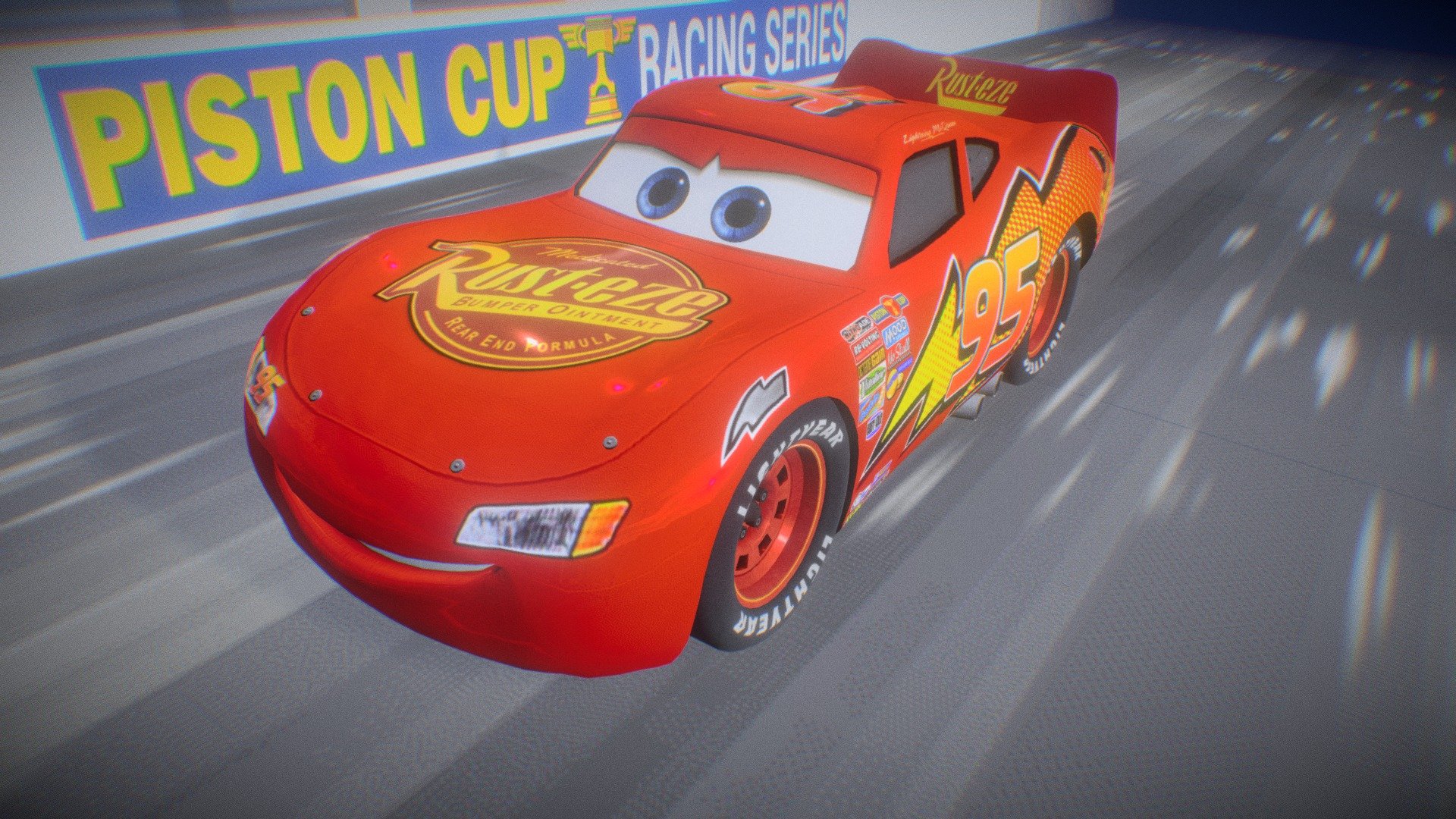 Here's a tribute to Pixar with a low poly recreation of Lightning McQueen from Cars (2006) in action.
The recreation included an attempt of more accurate details of the paint-job from the first movie, and an extension of racetrack background.
I was fortunate to work as a vehicle / character modeler for THQ on almost all the main cast of Cars WII (2006), and this is me being sentimental down to the memory lane 3d model
