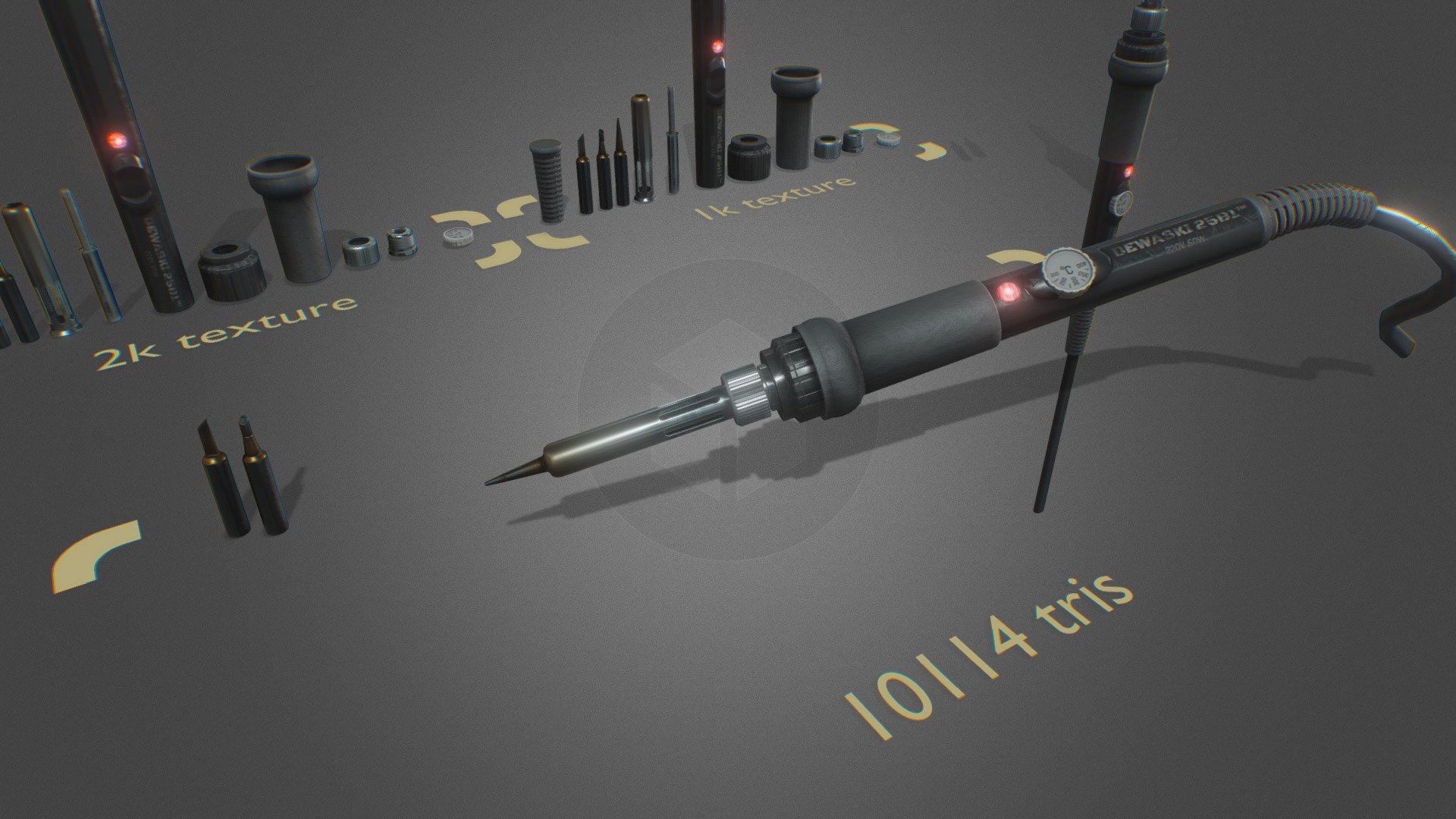 this soldering iron of fictional brand name is  textured and rigged, please see the demo animation
it feature the internal ceramic heating element, enable swapping heads.
ALso included 2sets of textures, 1k and 2k, which you can preview here
Zipped contain original texture and model files as well as fbx exports

perfect for you maker related scene be it a  electronics wizard, or an aspiring roboticist, grab this now and start wiring circuit! - PBR Soldering Iron Texured Rigged - Buy Royalty Free 3D model by twitte_king 3d model