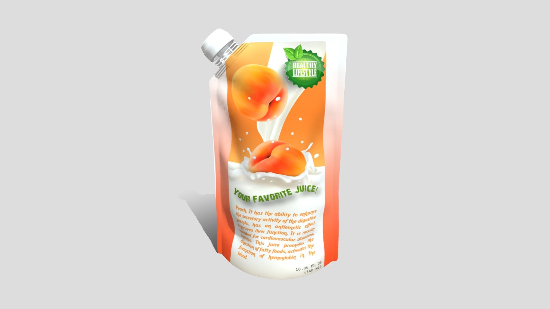 File format: obj, mtl, c4d

The project was created for CINEMA 4D: versions R14 - R19 and more &hellip;

The texture with peaches 4000 x 4000 is attached in the zip archive, as well as UV scan for editing in Photoshop
 - Packaging for juice, ketchup and liquids 3d model