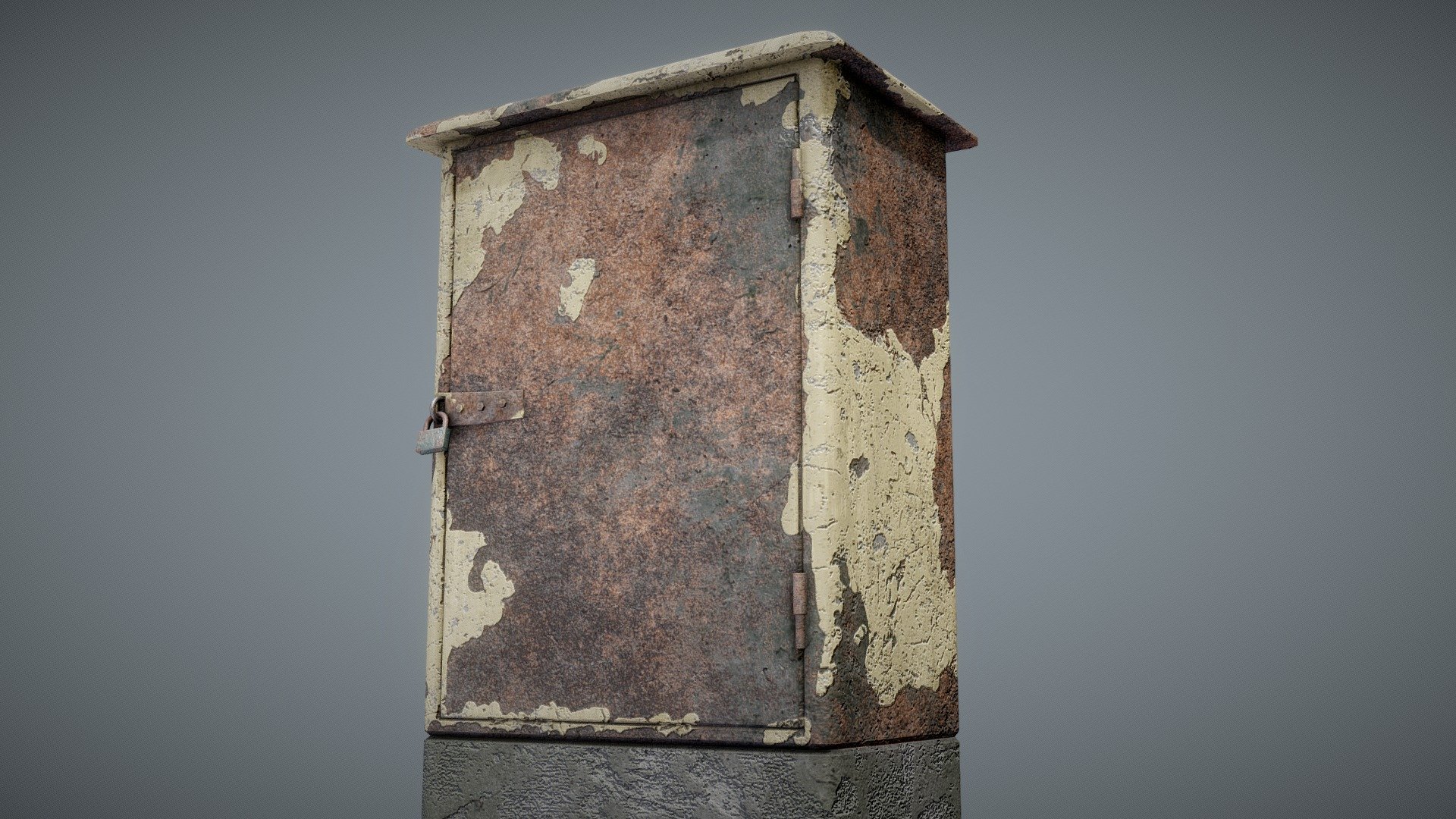 Rusty electrical box 3D asset - game-ready - highpoly on lowpoly - inspired by IR object - modeled with Blender 2.80, textured carefully with Substance Painer. 4 parented mesh objects, single material.
Metric units. H=1m 

LODS
LOD0:
Verts: 476 Tris: 850
LOD1: 
Verts: 268 Tris: 454
You can find LODs in separate archives in fbx. and obj. format.

Textures
2K Textures in 3 different formats. (although renders were done using 2k textures - they look good enough) 
PBR metallic roughness: BaseColor, AO, Metallic, Roughness, Normal, Height. 
Unity 5: AlbedoTransparency, AO, MetallicSmoothness, Normal, Emission
Unreal Engine 4: BaseColor, Normal, Emission, OcclussionRoughnessMetallic

Attention
Please note that blend., fbx., obj., stl. files contains only clear mesh model without textures. Textures are stored in a separate ZIP archives and have to be manually applied 3d model