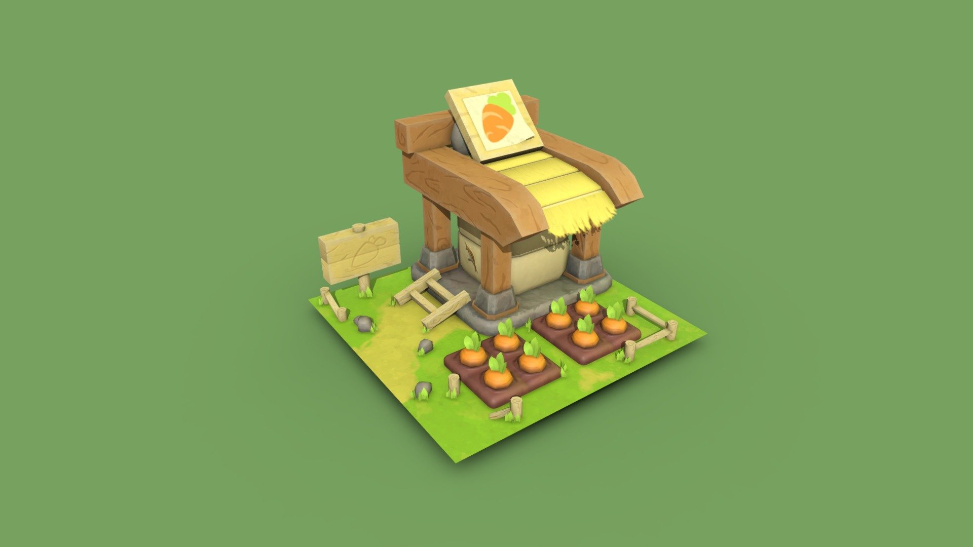 Game ready 3d model
My 3d model made according to the reference.

The 3D model is optimized and ready to run in the game.

Ready for use in mobile and desktop games.

This 3D model is suitable for:
- Close-ups
- Illustrations and various renderers
- Games

Textures set in 4K.

Thanks for watching! - Carrot Farm | Low Poly | For a mobile game 3d model