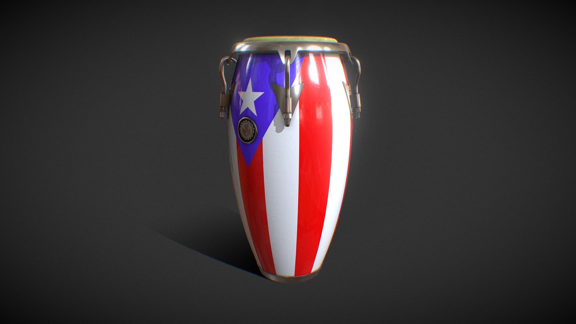 The conga, also known as tumbadora, is a tall, narrow, single-headed drum from Cuba. Single material. Clear Coat Mask. 4k PBR Textures. Mid Poly 3d model