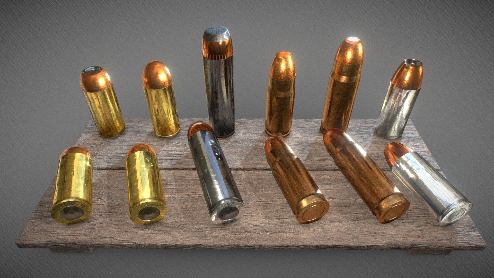 Game Art Asset Pack. Set of various handgun / pistol bullets on a fancy wooden plank. 
Pack includes 2048x2048 textures for every single model 3d model