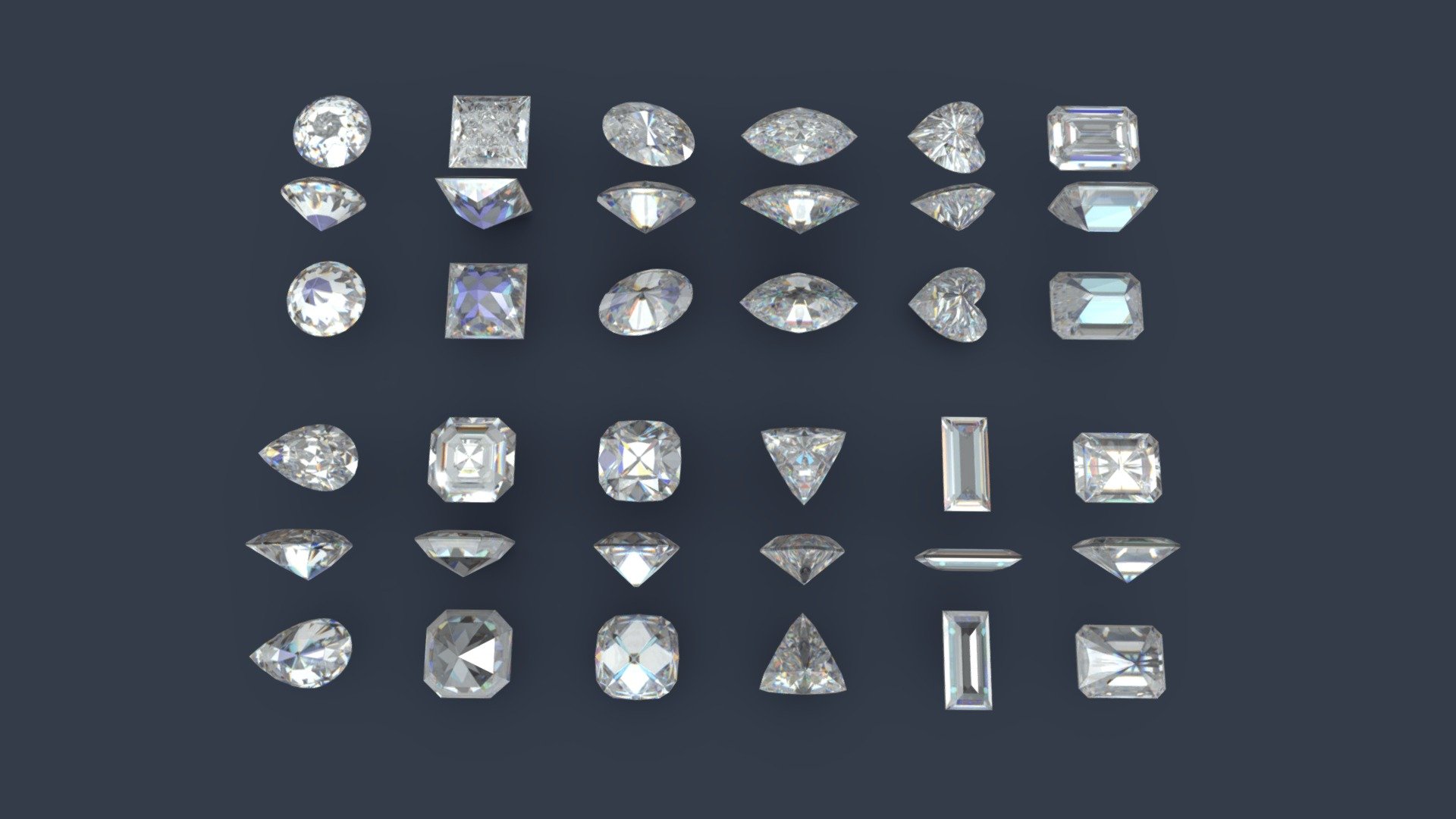This is a collection of twelve different diamonds cut.
The texture on is a render of those gems with a diamant material.

1 - ROUND DIAMONDS 
2 - PRINCESS CUT DIAMOND
3 - OVAL DIAMONDS
4 - MARQUISE DIAMOND
5 - HEART SHAPED DIAMONDS
6 - EMERALD CUT DIAMONDS
7 - PEAR SHAPED DIAMONDS
8 - ASSCHER CUT DIAMONDS
9 - CUSHION CUT DIAMOND
10 - TRILLION CUT DIAMONDS
11 - BAGUETTE CUT DIAMONDS
12 - RADIANT CUT DIAMONDS - Diamonds cuts Collection 3d model