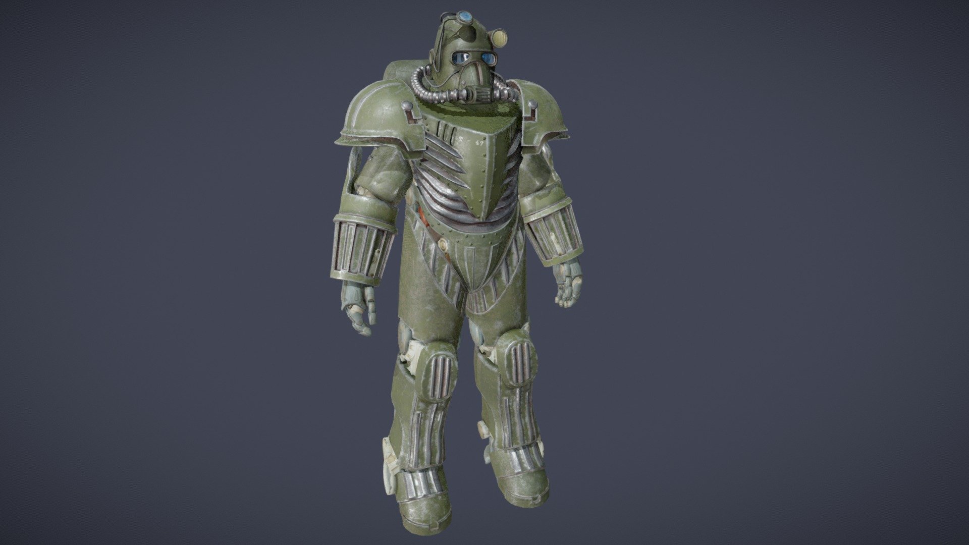 Originally created as part of a Fallout: 4 mod project, this is my first foray into armor modeling. This armor is based off of the concept by            Caleb Cleveland

Modeled in 3ds Max and Zbrush, and textured in Substance Painter. The model contains 4 x 2048 textures. The tri count for my model is 26, 729 tris, the frame accounts for the rest of the tri count. 

The under frame (mechanical back, hands, and feet) are by Bethesda for Fallout: 4, and is there as my model was made around it 3d model