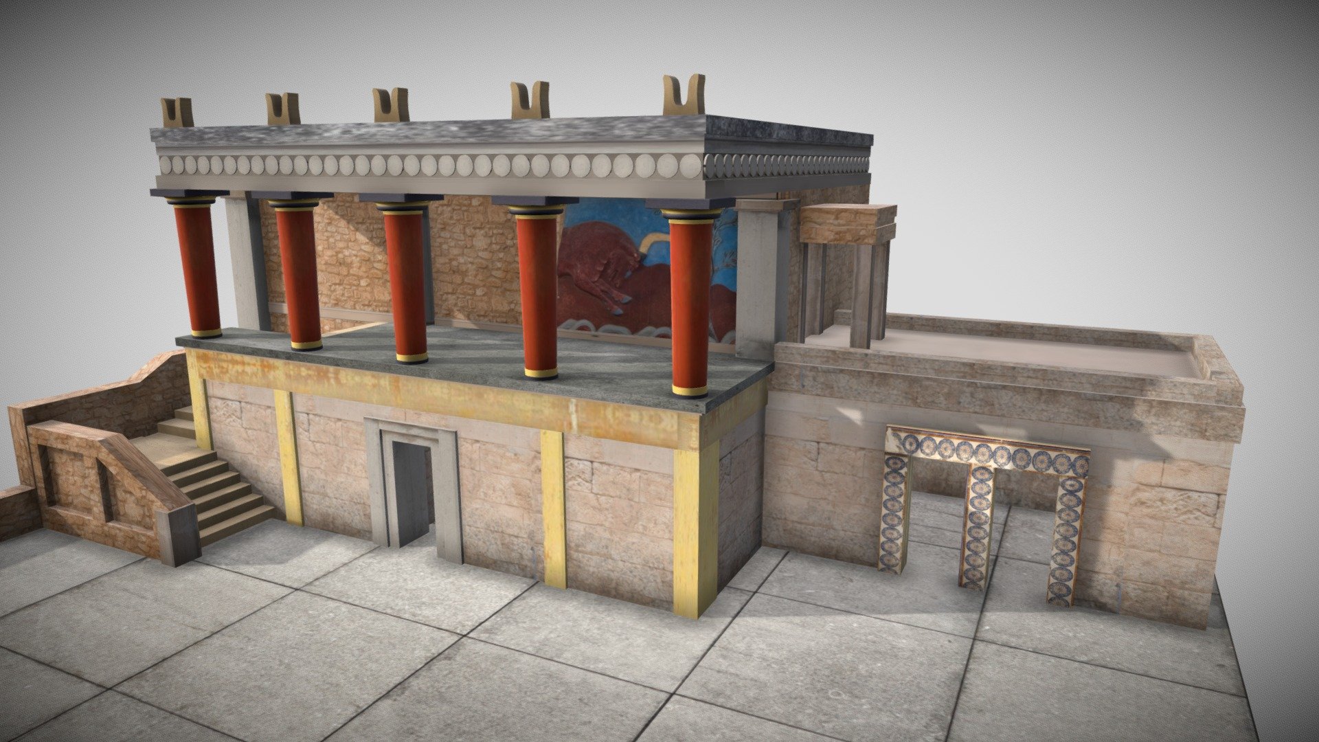 Knossos is the largest Bronze Age archaeological site on Crete and has been called Europe's oldest city. Settled as early as the Neolithic period, the name Knossos survives from ancient Greek references to the major city of Crete. Wikipedia

Location: Heraklion, Crete, Greece - Knossos Recreated - Low poly - Buy Royalty Free 3D model by FXPEAR 3d model