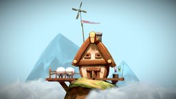 HOUSE ON THE HILL hill, 3dart, cloud, mountain, 3dcoat, handpainting, 3d-model, digital3d, handpainted, low-poly, cartoon, 3d, 3dsmax, blender, lowpoly, blender3d, model, house, animation, stylized, animated