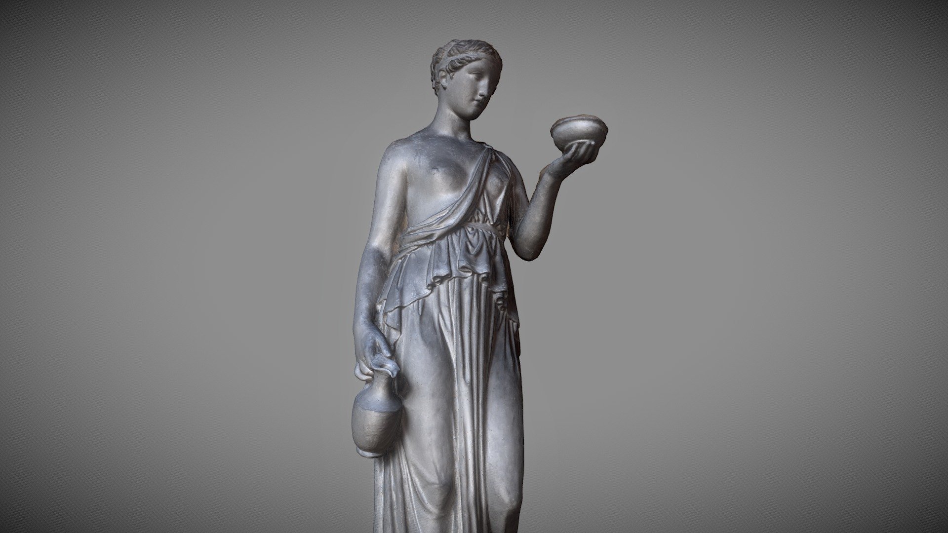 Hebe, statue in marble, after the original model from 1816 (A874), Thorvaldsen museum (Copenhagen, Denmark). Made with Memento Beta (now Remake) from Autodesk.

It is the duty of the goddess of youth, Hebe, to pour the elexir of immortality for the other gods. These are some very precious drops that she has been assigned to administer and distribute, and so Hebe is clearly concentratin on her work. She is also completely calm - the folds in her dress are almost as regular as the fluting on an acient column. However, the myth reveals that things eventually went awry: Hebe did end up spilling the elixir, and was taken off the job.

For more update, please follow @GeoffreyMarchal on Twitter 3d model