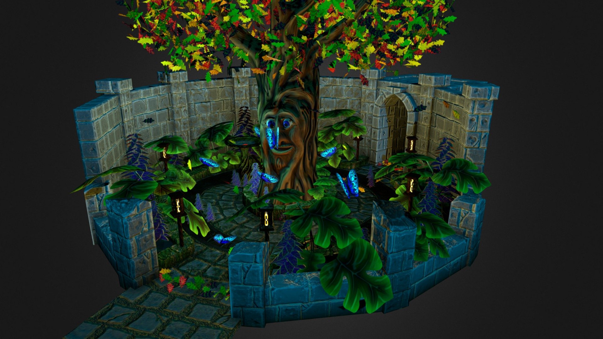 An overgrown courtyard which has seen better days.

When the moon rises, magic is in the air.  If you speak to the trees, they might just talk back 3d model