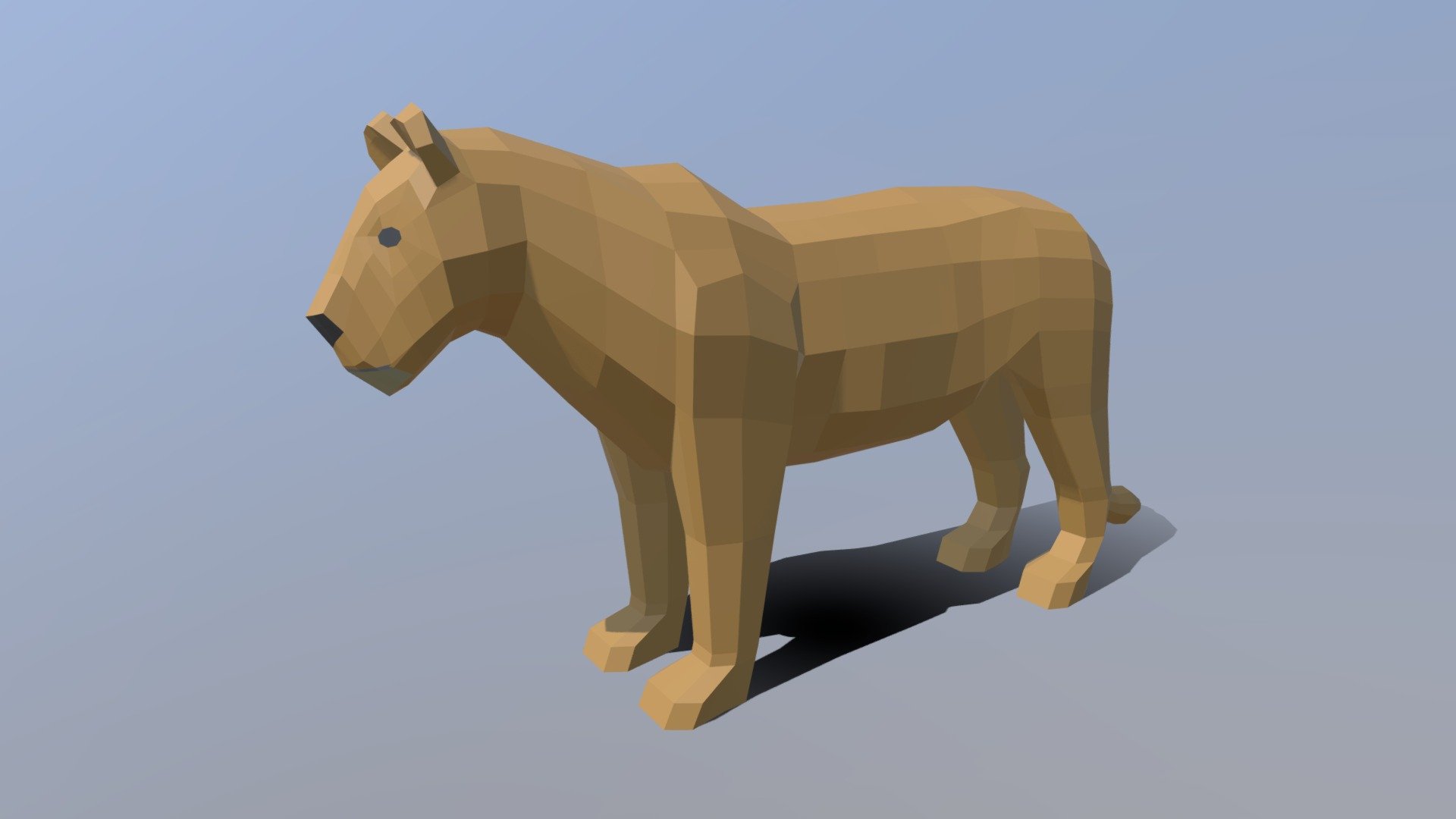 This is a low poly 3d model of a female lion. The low poly lion was modeled and prepared for low-poly style renderings, background, general CG visualization.

The 3d lion model is presented as a mesh with quads only.

Verts : 762 Faces: 760

Simple diffuse colors.

No ring, maps and no UVW mapping is available.

The original file was created in blender. You will receive a 3DS, OBJ, FBX, blend, DAE, STL.

All preview images were rendered with Blender Cycles. Product is ready to render out-of-the-box. Please note that the lights, cameras, and background is only included in the .blend file. The model is clean and alone in the other provided files, centered at origin and has real-world scale 3d model