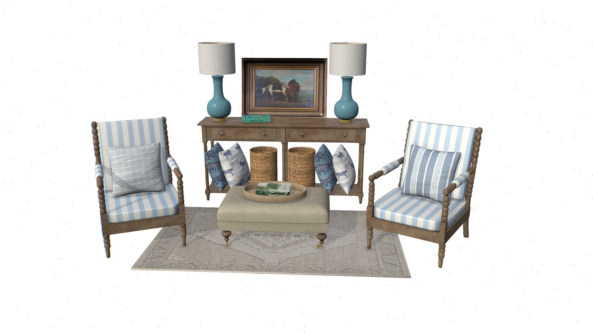 American Classics Living Room Furniture Set




Wooden Chairs

Blue Ceramic Table Lights

Rug

Wooden Country Style Console

Natural Fabric Ottoman on Brass Wheels
 - Living Room American Style Furniture Set - Buy Royalty Free 3D model by Omni Studio 3D (@omny3d) 3d model
