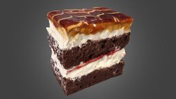 Slice of cake with caramel topping cake, cream, caramel, slice, lowpoli, photogrammetry, topping