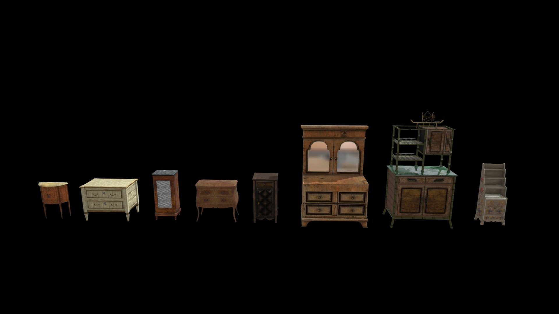 Pack of eight antique pieces of furniture, each of which has doors that can be opened, and also contains the textures and the model of each piece of furniture separately 3d model