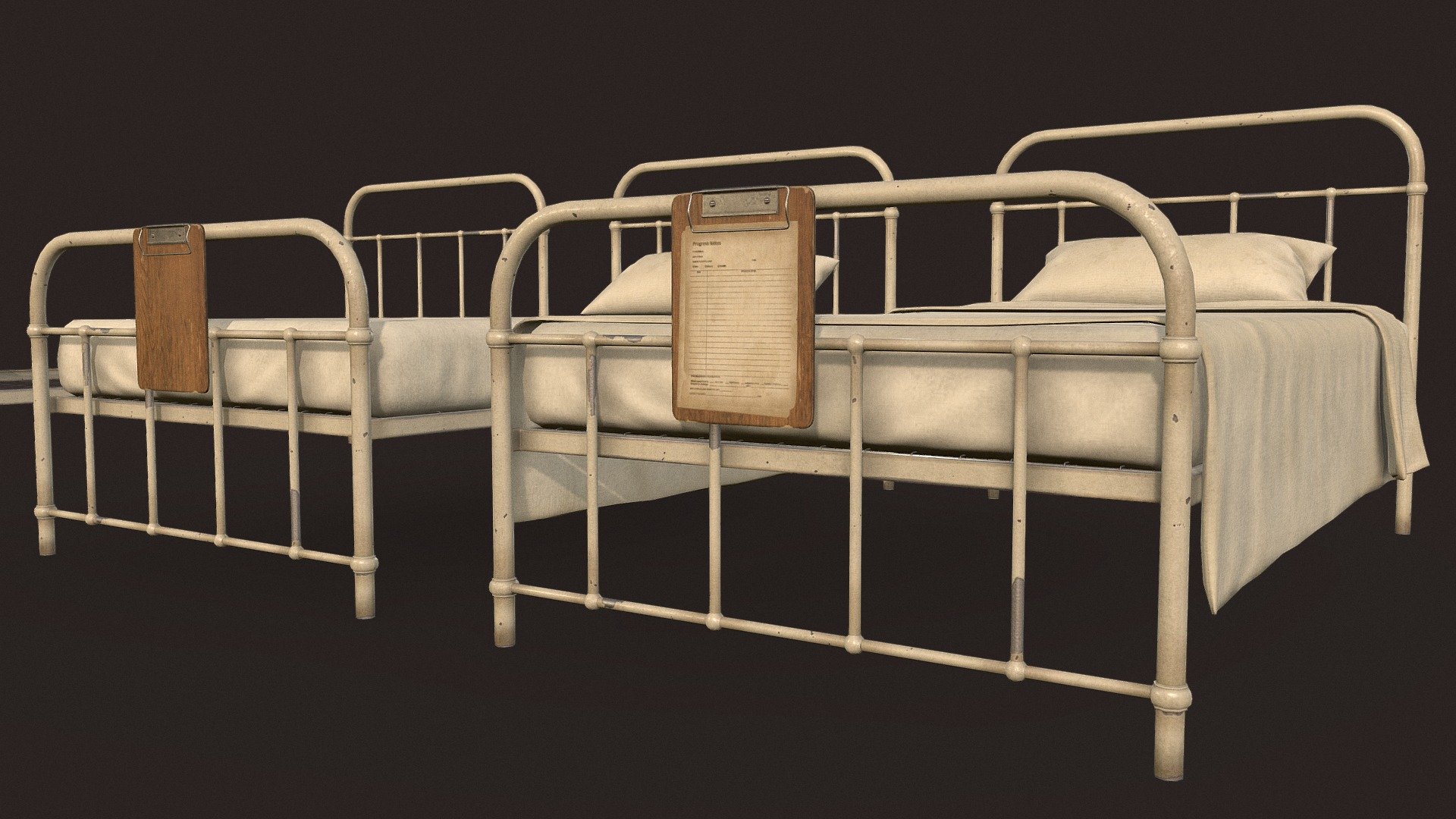 Hospital Bed it's a lowpoly game ready model with unwrapped UVs and PBR textures. 

UVs: channel 1: overlapping; channel 2: non-overlapping (for baking lightmaps).

Formats: FBX, Obj. Marmoset Toolbag scene 3.08 (.tbscene) Textures format: TGA. Textures resolution: 2048x2048px.

Textures set includes:


Metal_Roughness: BaseColor, Roughness, Metallic, Normal, Height, AO.
Unity 5 (Standart Metallic): AlbedoTransparency, AO, Normal, MetallicSmoothness.
Unreal Engine 4: BaseColor, OcclusionRoughnessMetallic, Normal.


Artstation: https://www.artstation.com/tatianagladkaya

Instagram: https://www.instagram.com/t.gladkaya_ - Hospital Bed - 3D model by Tatiana Gladkaya (@tatiana_gladkaya) 3d model