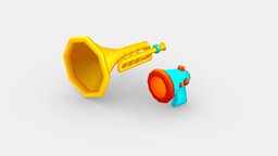 Cartoon megaphone music, kids, toy, children, mike, trumpet, tool, microphone, loud, loudspeaker, megaphone, lowpolymodel, radio, hailer