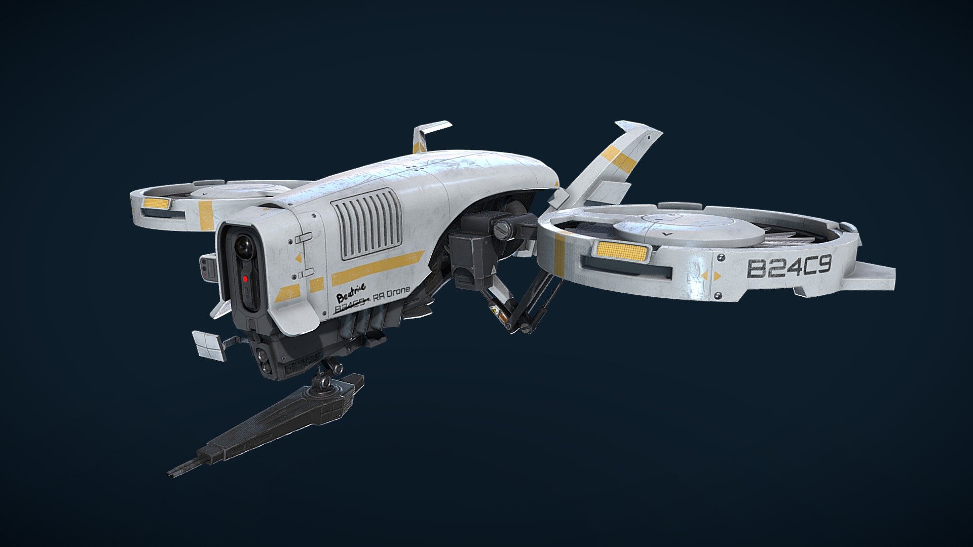This is my final assignment for the GAP course at DAE.

Task was to make an item that suits the theme of mercenary hideout. I chose to make an assault drone and personalize it.

Modelling and Unwrapping was done in maya and ZBrush, Texturing in Substance Painter.

Original Concept by Ewa Labak: https://www.artstation.com/artwork/1WLy2 - Armed Duocopter Drone - 3D model by Dennis Skodda (@SirSmitz) 3d model